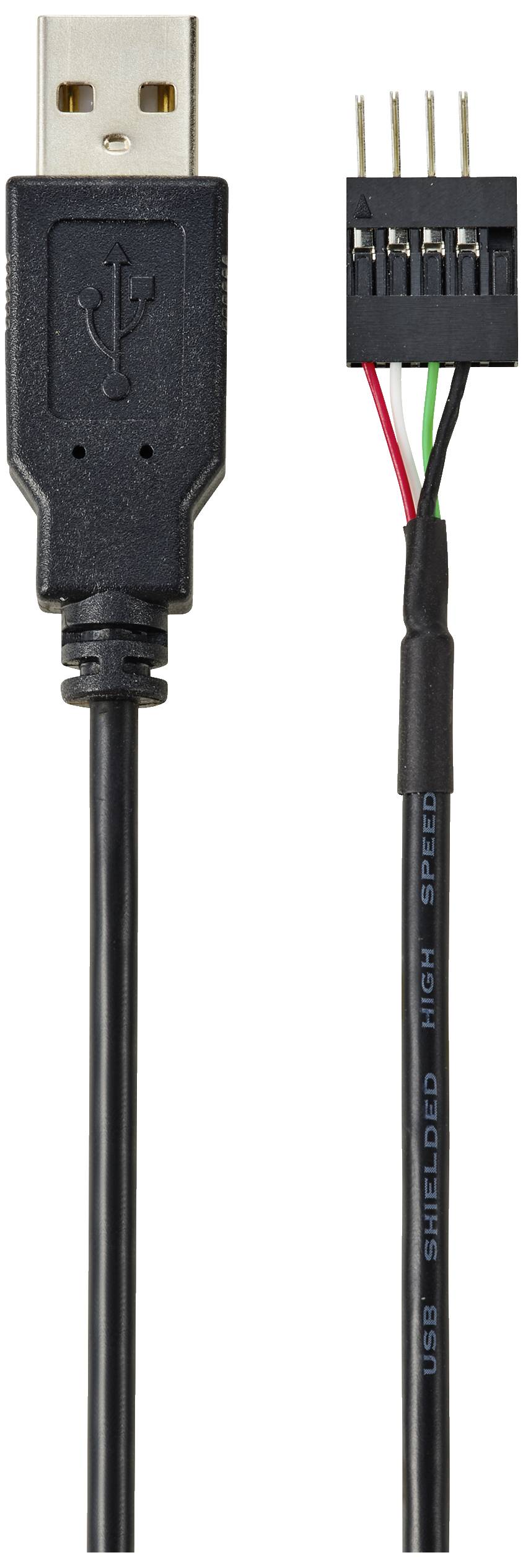 Ein schwarzes USB-Kabel mit einem Standard-USB-Stecker links und einem offenen Ende mit vier farbigen Drähten rechts.