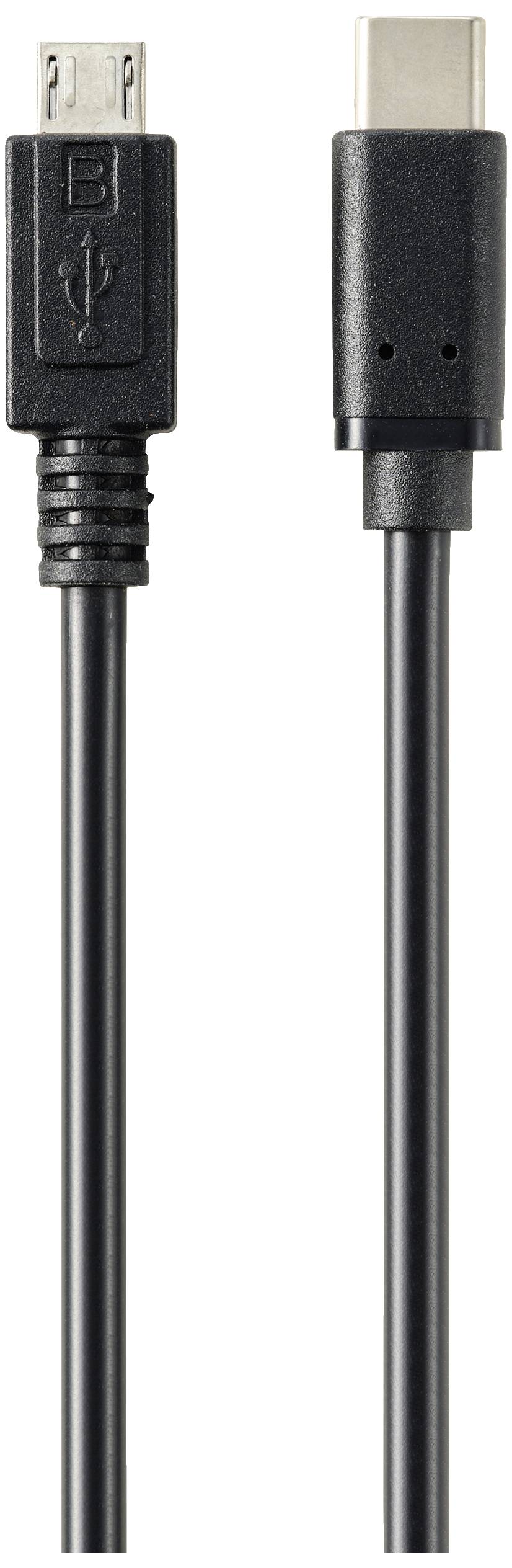 Ein USB-Kabel mit einem Micro-USB-Stecker links und einem USB-C-Stecker rechts, beide schwarz.
