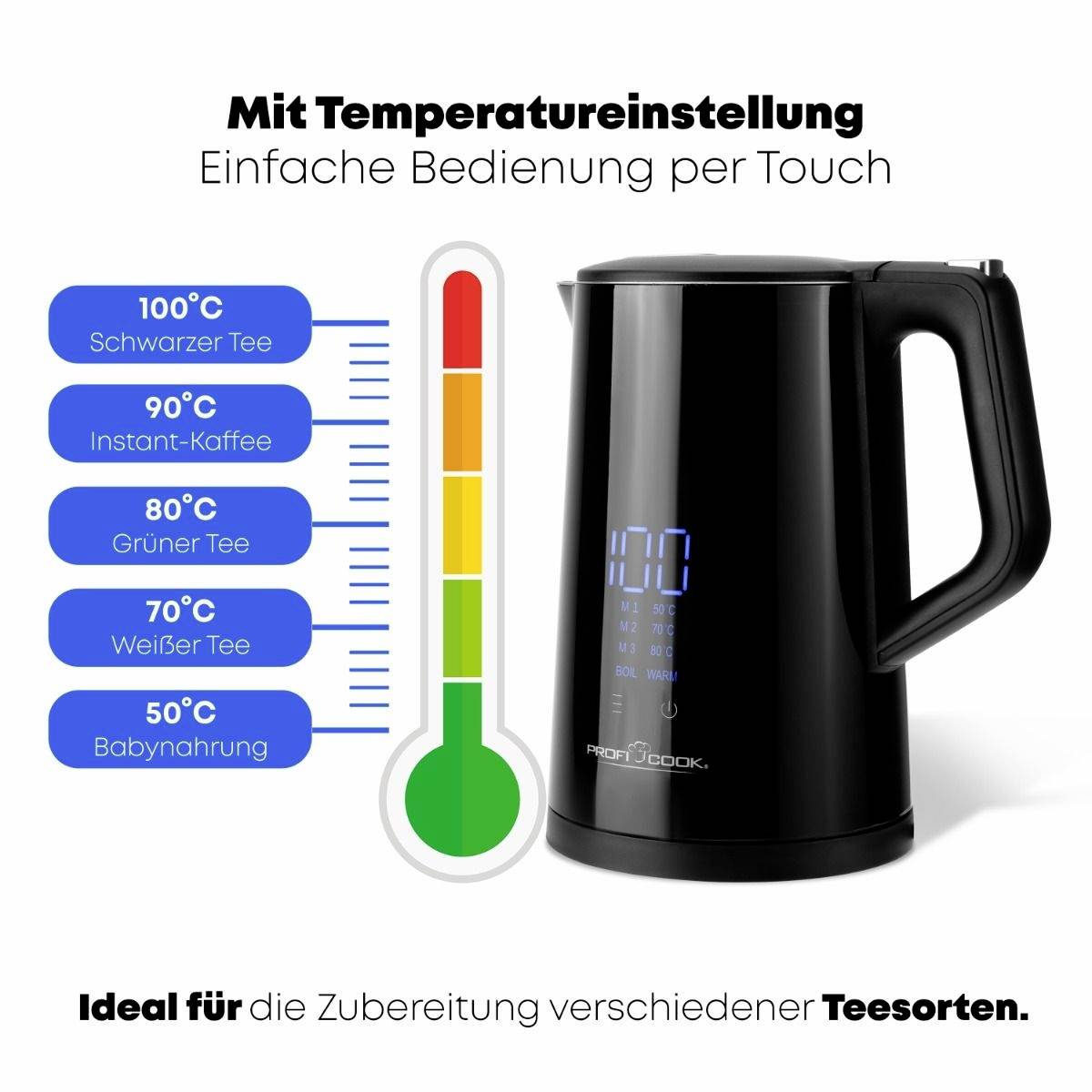 Ein schwarzer Wasserkocher mit digitalem Display zeigt Temperatur. Links sind Farbskala und Temperaturen für verschiedene Getränke.