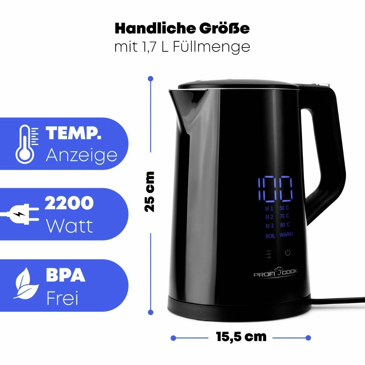 Ein schwarzer Wasserkocher mit LED-Anzeige, 1,7 L Kapazität, 2200 Watt, BPA-frei. Maße: 25 cm hoch, 15,5 cm tief.