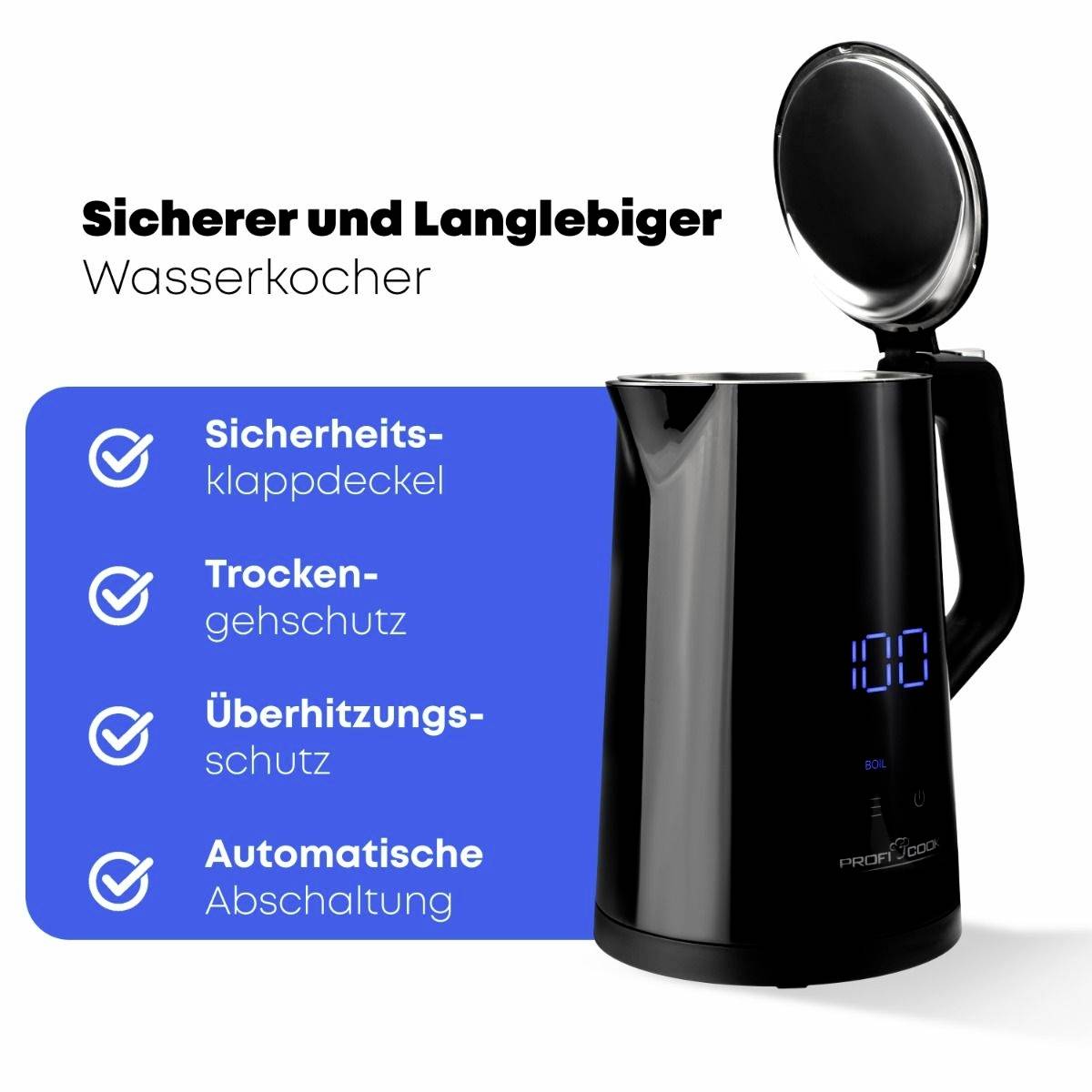 Elektrischer Wasserkocher in Schwarz mit geöffnetem Deckel. Text listet Funktionen auf: Sicherheitsklappdeckel, Trockenschutz, Überhitzungsschutz, automatische Abschaltung.