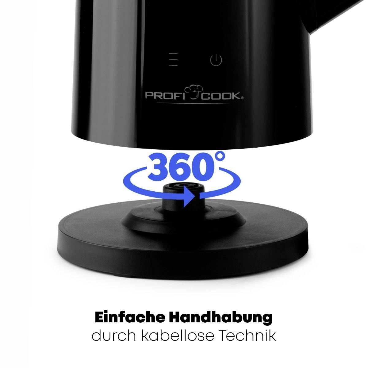 Schwarze Basis mit 360°-Symbol und weißem Text: Einfache Handhabung durch kabellose Technik.
