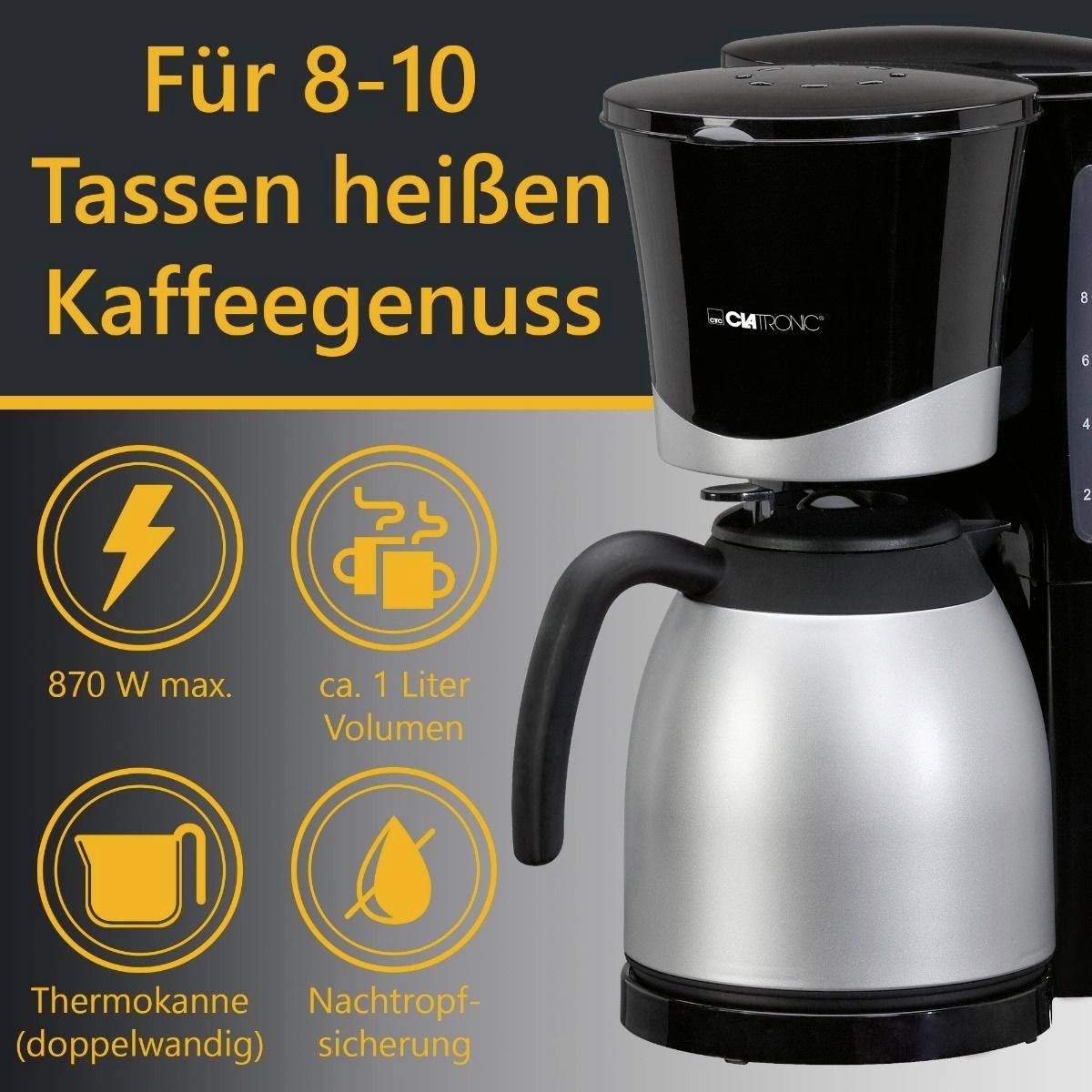 Clatronic KA 3327, Filterkaffeemaschine, Gemahlener Kaffee, 870 W, Schwarz, Edelstahl