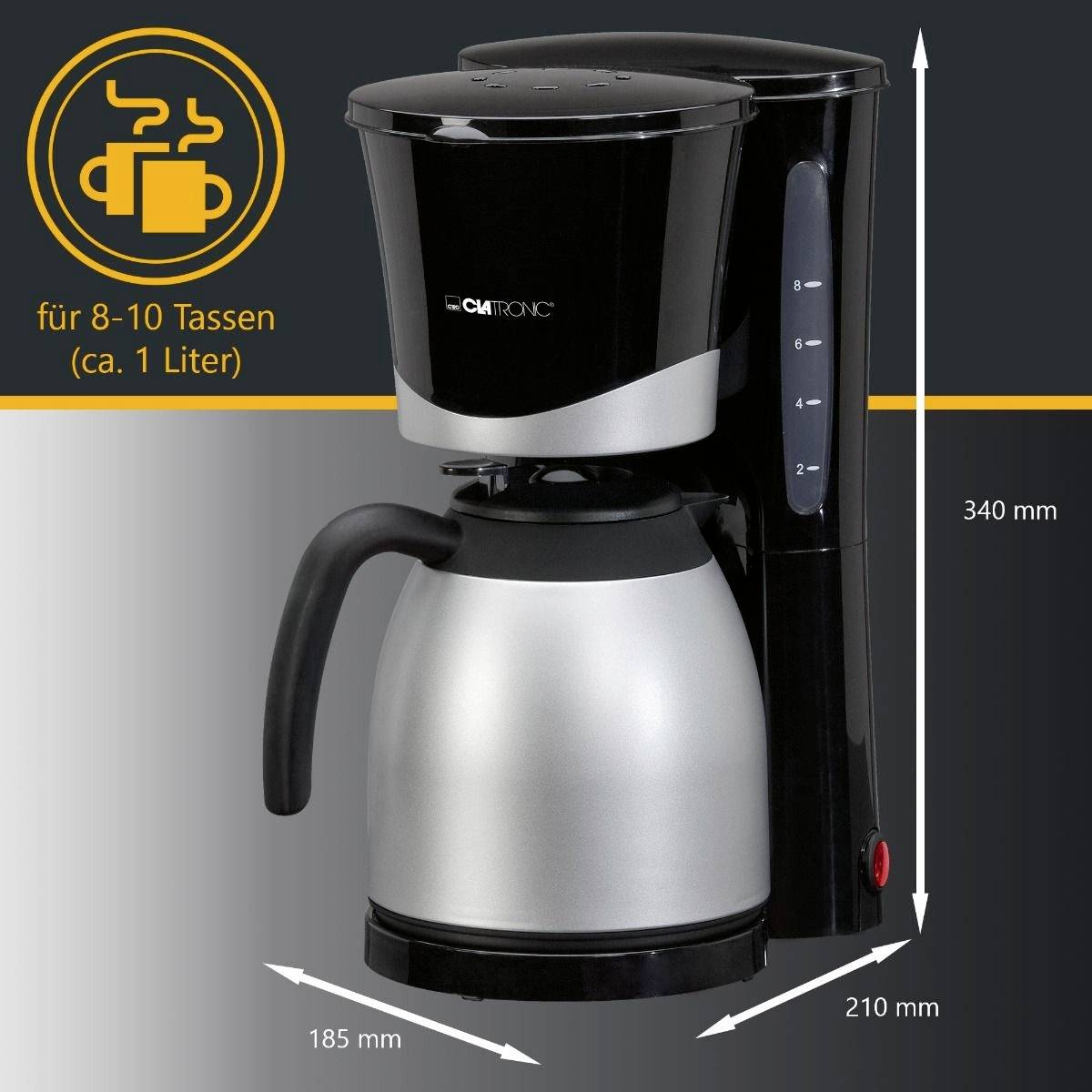 Clatronic KA 3327, Filterkaffeemaschine, Gemahlener Kaffee, 870 W, Schwarz, Edelstahl