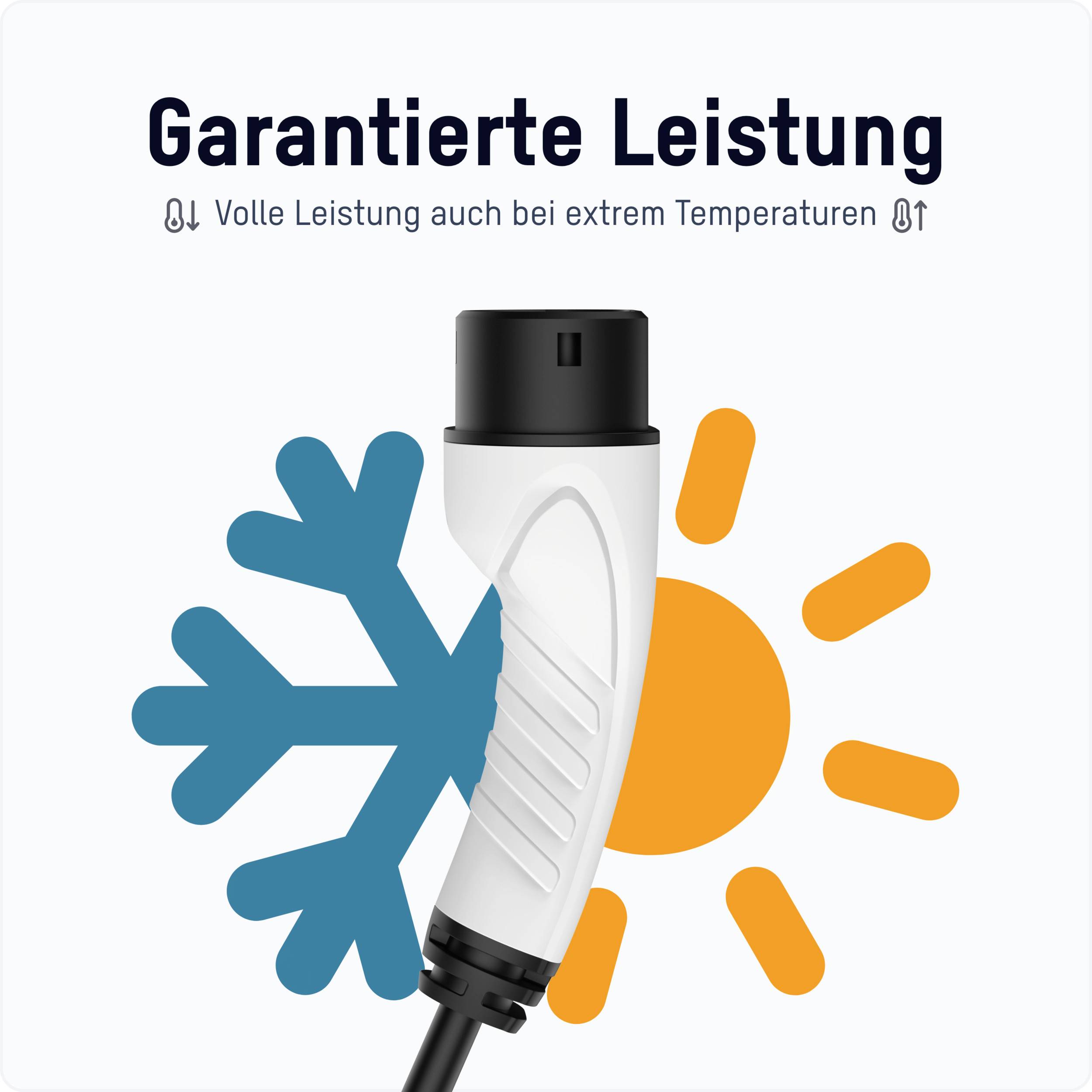 Ladekabel mit Text 'Garantierte Leistung'. Symbol für Temperatur: Schneeflocke und Sonne. Bedeutet Funktionalität bei extremen Temperaturen.