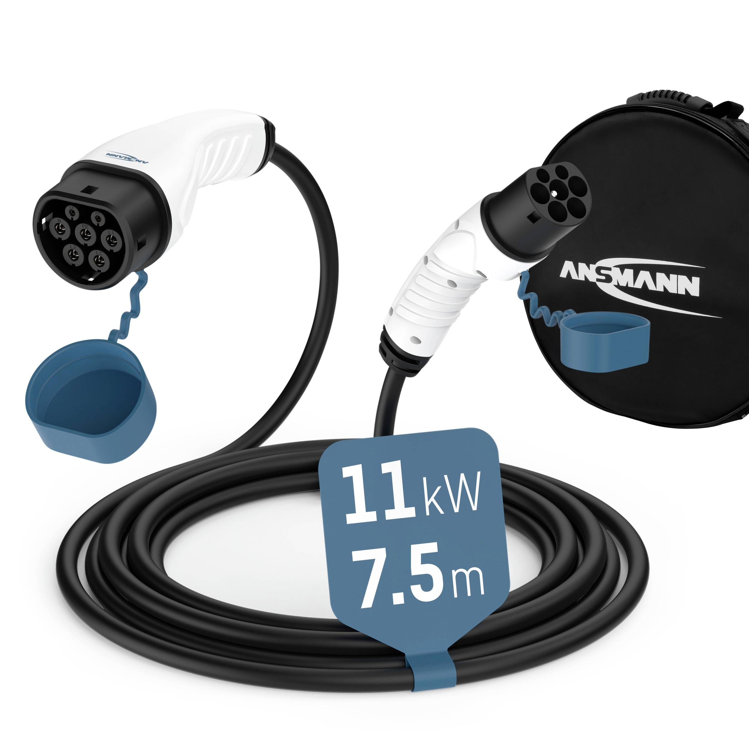 Ladeset für Elektrofahrzeuge mit Kabel und Stecker, Ansmann-Logo sichtbar. Aufschrift '11 kW, 7.5 m'.