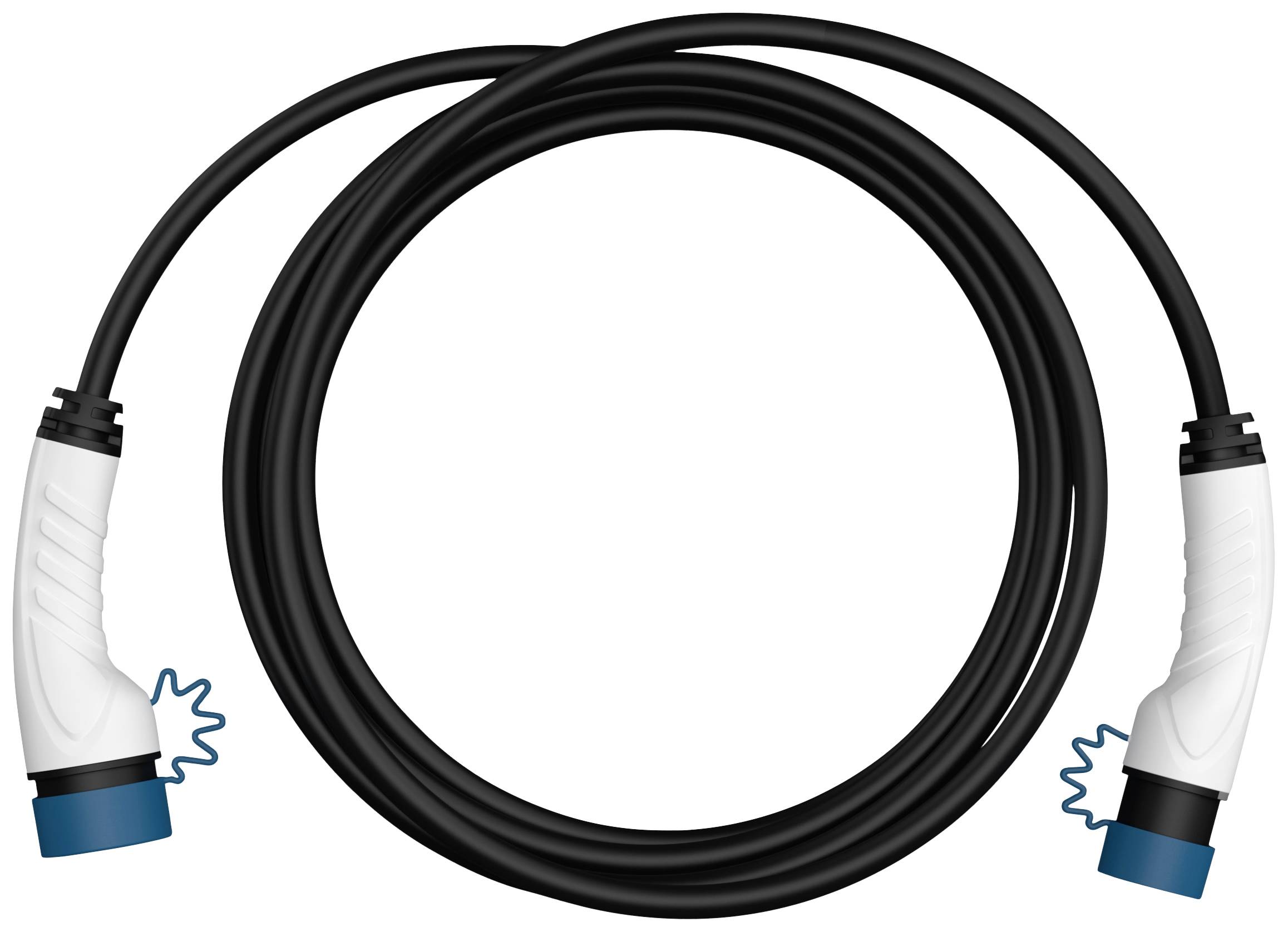 Ein schwarzes Ladekabel mit weißen Griffen und blauen Enden, kreisförmig angeordnet, liegt auf einem weißen Hintergrund.