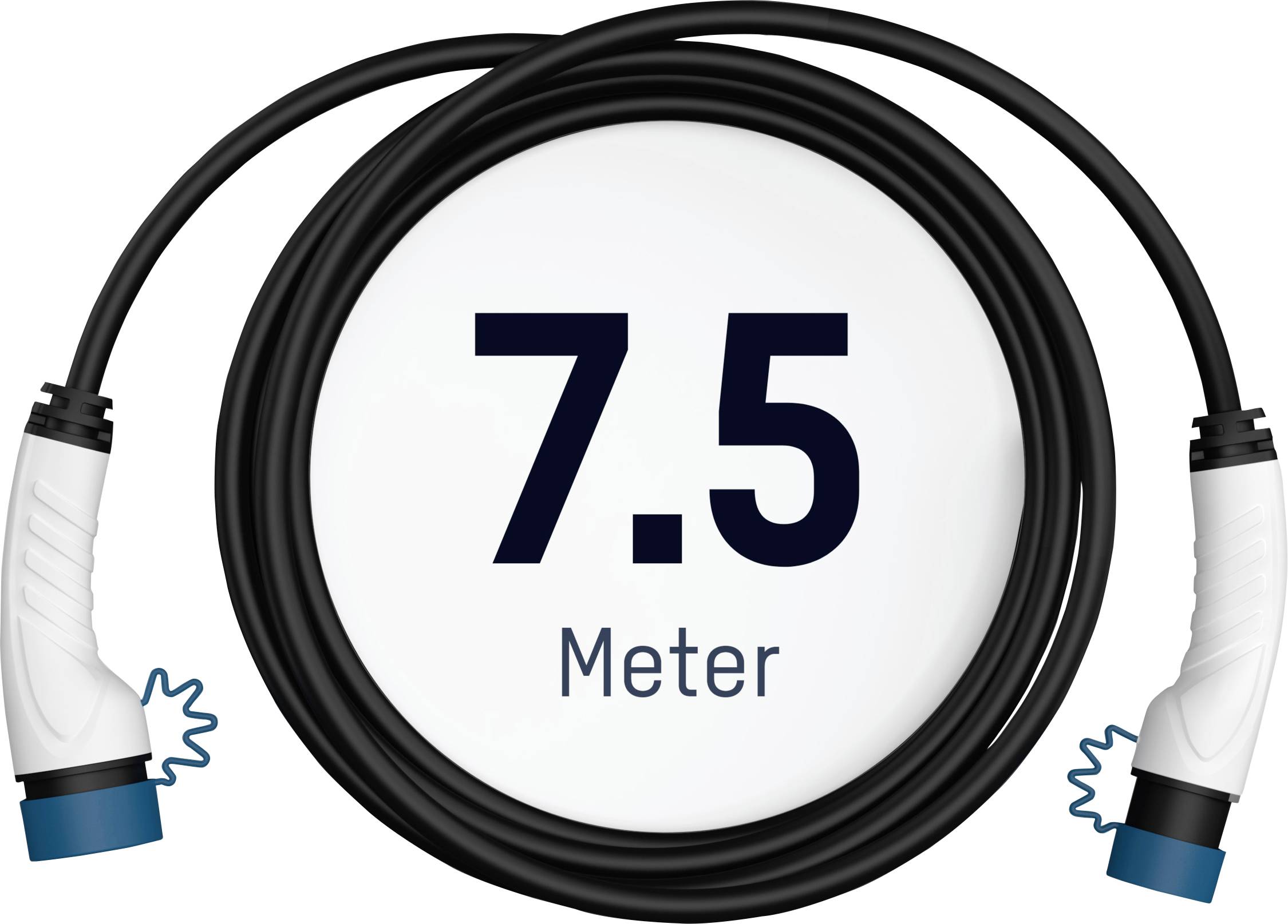 Langes schwarzes Kabel mit zwei weißen Steckern an den Enden. Text in der Mitte: '7,5 Meter'.