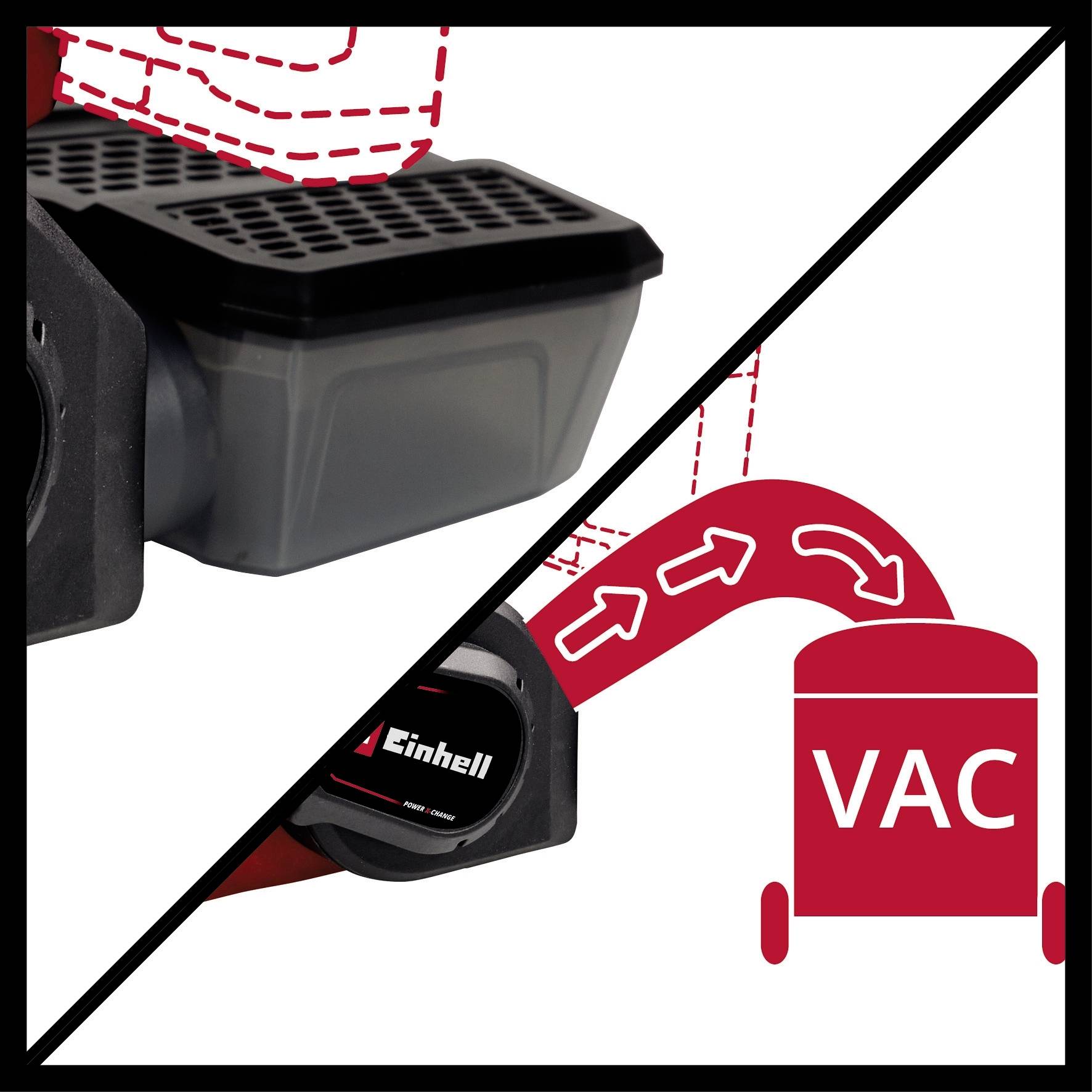 Das Bild zeigt die Einhell Power X-Change Box und einen Staubsauger mit Pfeilen, die den Luftstrom von der Box zum Staubsauger darstellen.