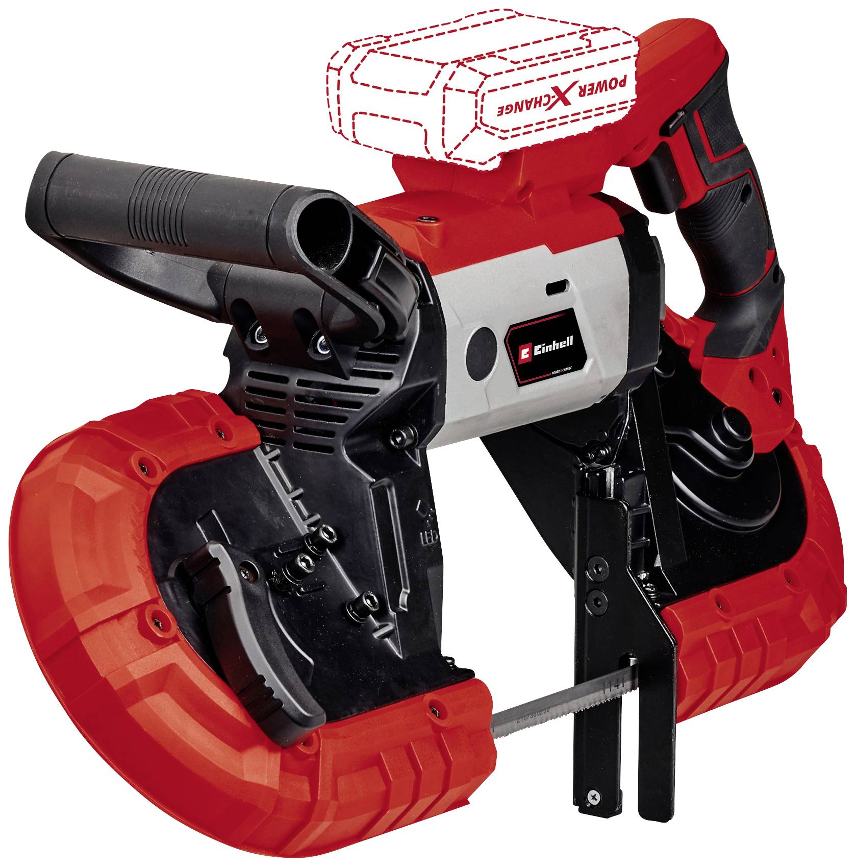 Akkubandsäge von Einhell in Rot und Schwarz, gezeigt mit einer leeren Akkuhalterung, kann zum Sägen von verschiedenen Materialien verwendet werden.