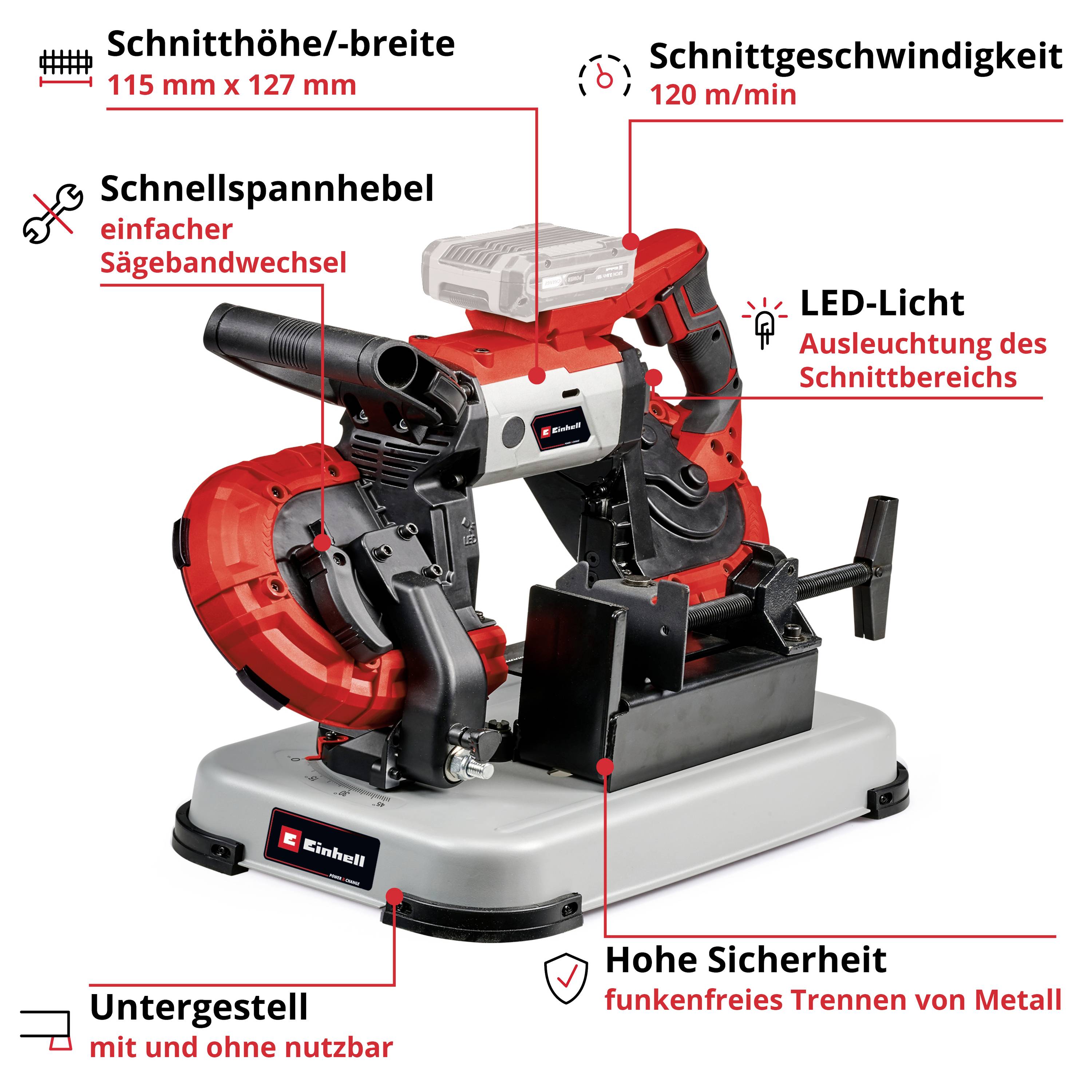 Einhell Akku-Bandsäge TE-MB 18/127 U Li-Solo Power X-Change Schnitttiefe (max.) 115mm 18V Sägeblatt-Länge 1141mm