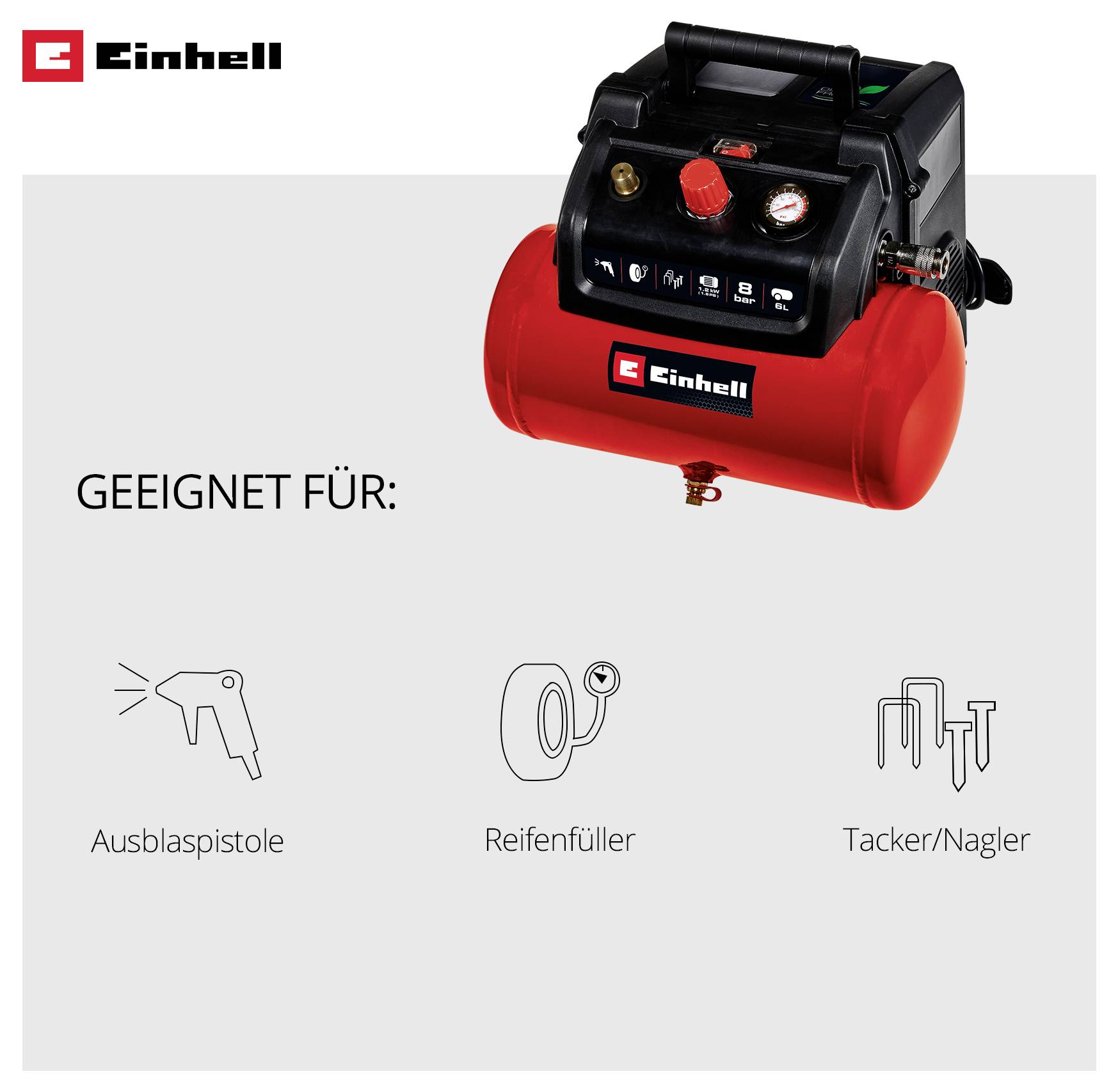 Einhell-Kompressor, geeignet für Ausblaspistole, Reifenfüller und Tacker/Nagler.