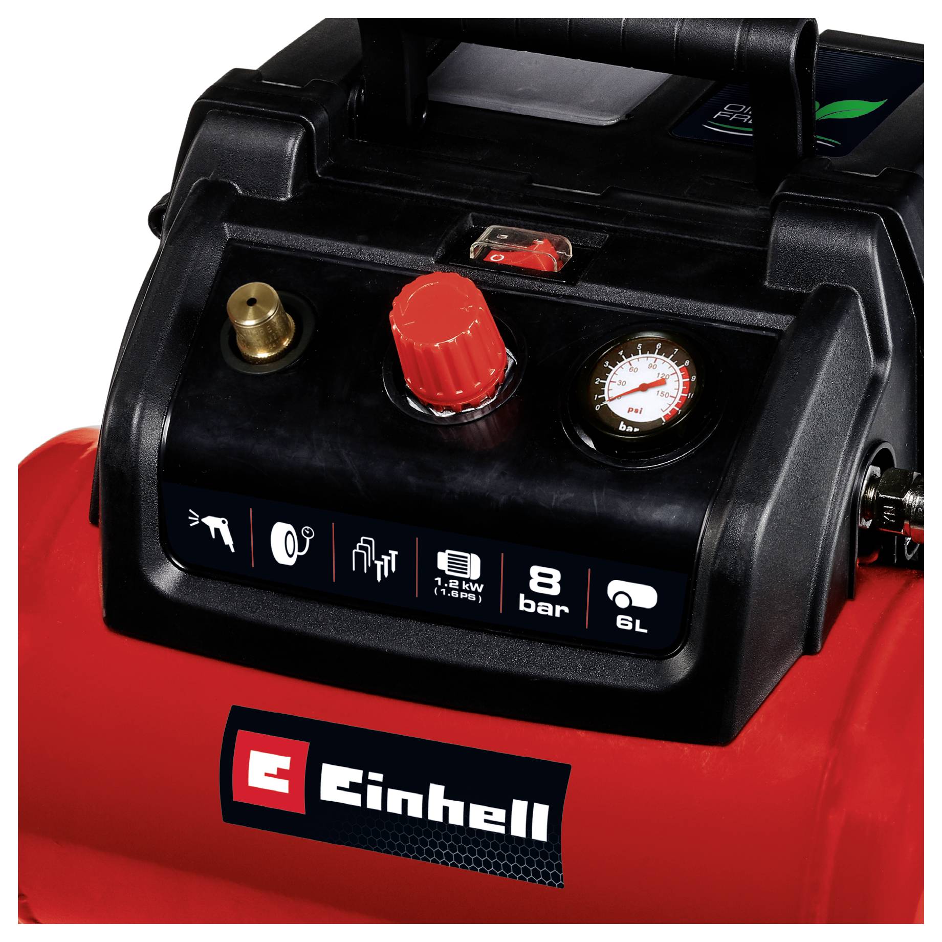 Nahaufnahme eines Einhell-Kompressors mit Druckmessgerät, rotem Regelknopf und Tragegriff an einem roten Tank.