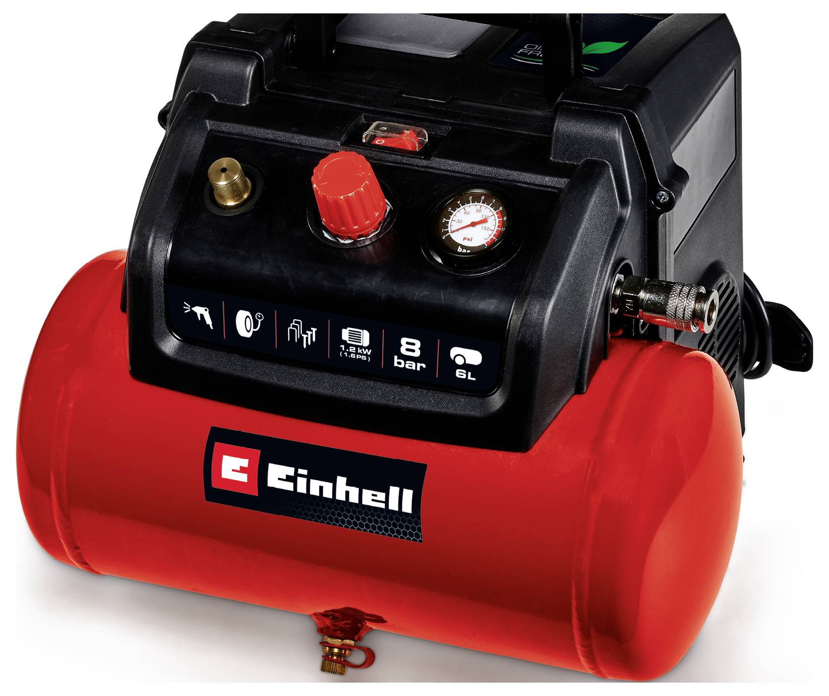 Roter tragbarer Einhell-Kompressor mit schwarzem Bedienfeld, Druckmesser und Beschriftungen für 8 bar, 6 L