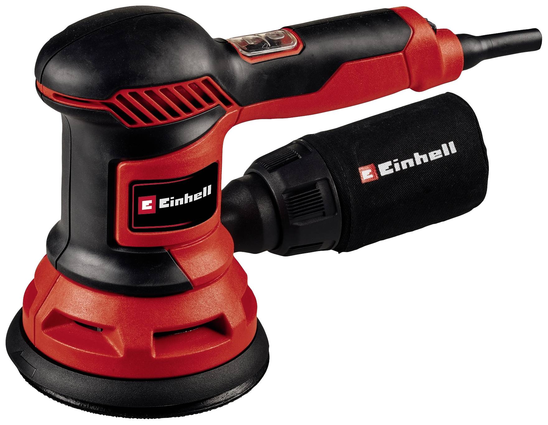 Exzenterschleifer in Rot und Schwarz, mit Einhell-Logo, geeignet zum Schleifen von Oberflächen, erkennbar im Produktdesign.