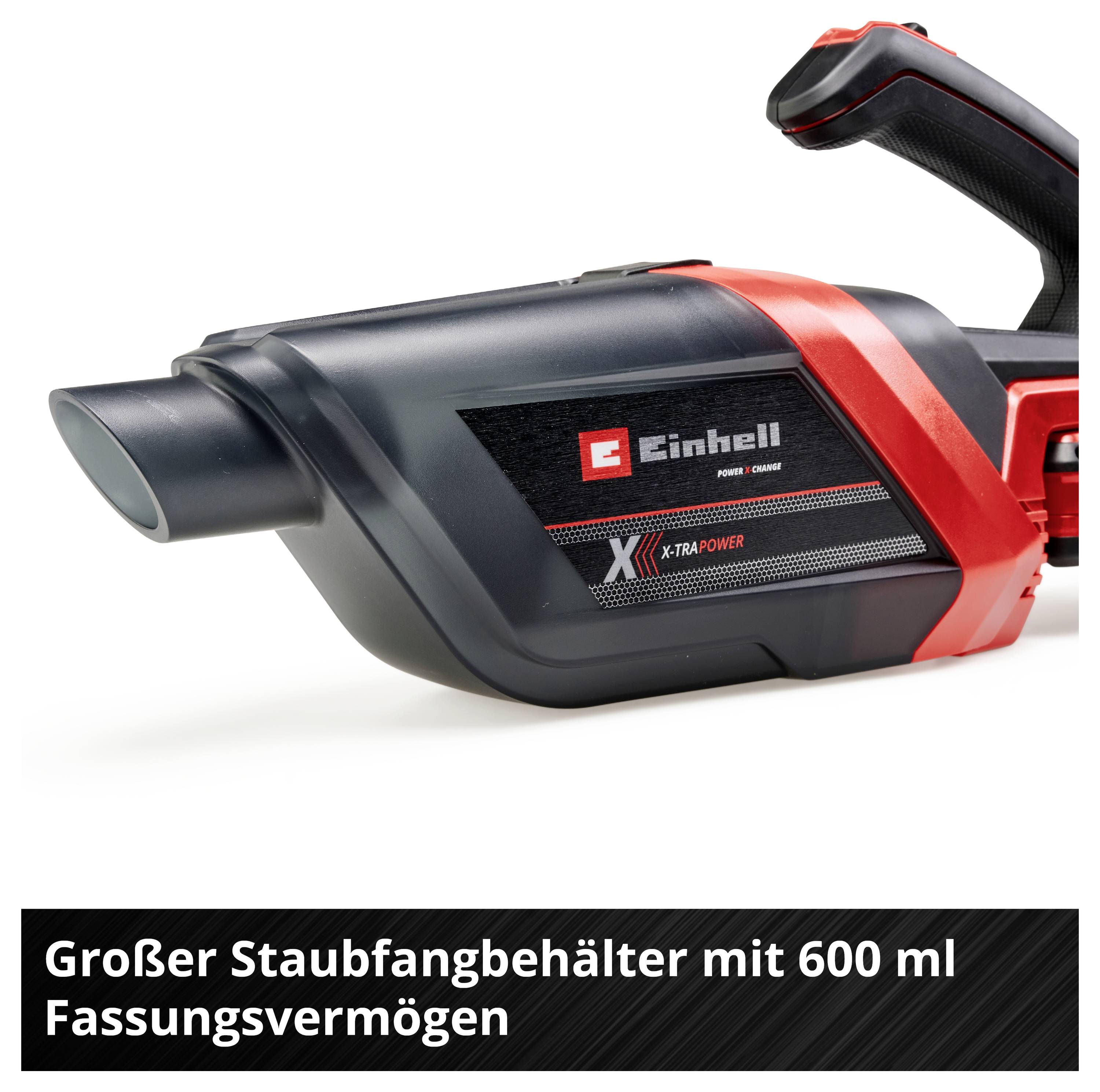 Handlicher Akku-Laubsauger/-bläser von Einhell mit großem 600-ml-Staubfangbehälter und Tragegriff.