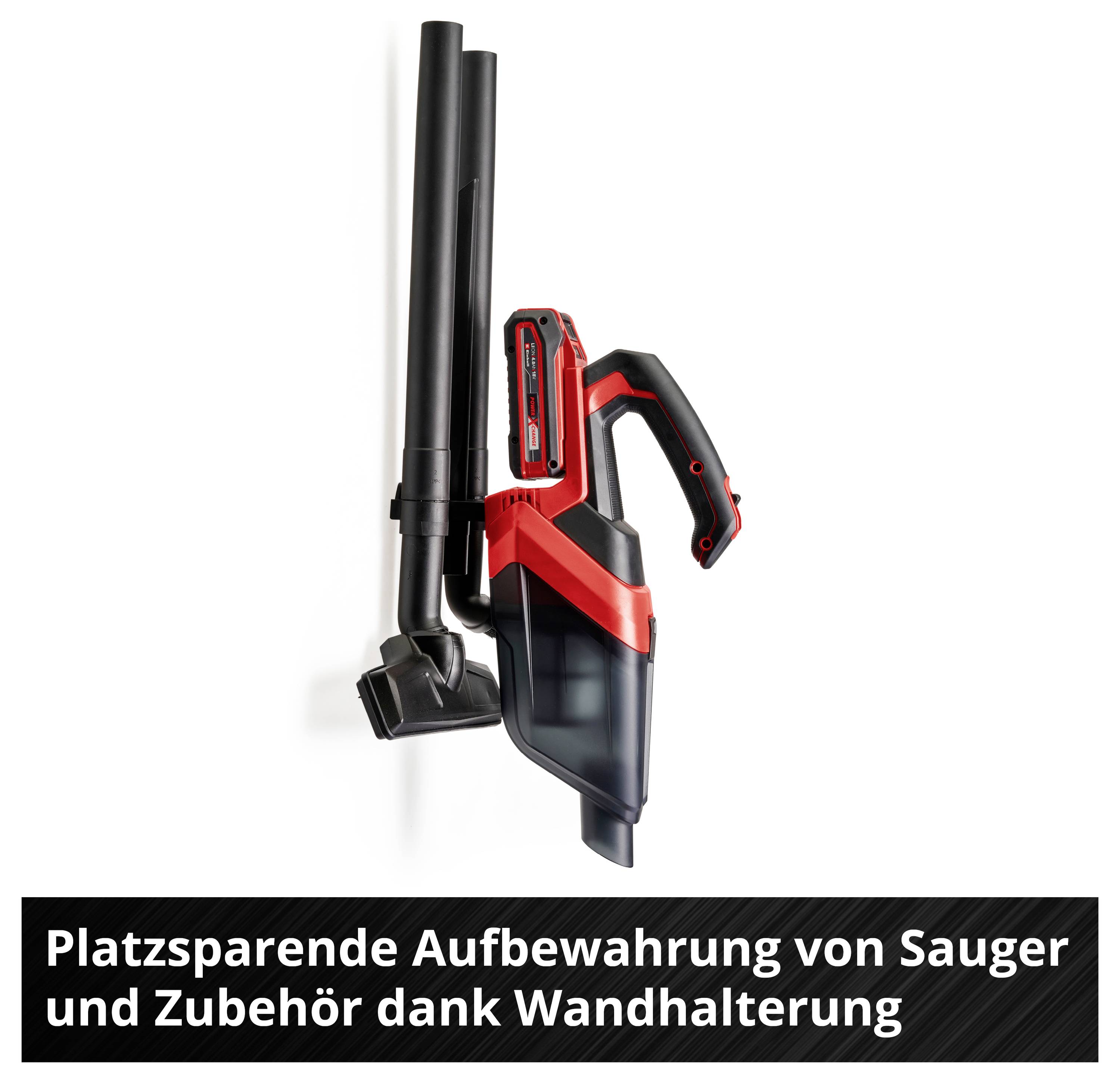 Wandhalterung zur platzsparenden Aufbewahrung eines Akku-Staubsaugers mit Zubehör; Text: 'Platzsparende Aufbewahrung von Sauger und Zubehör dank Wandhalterung'