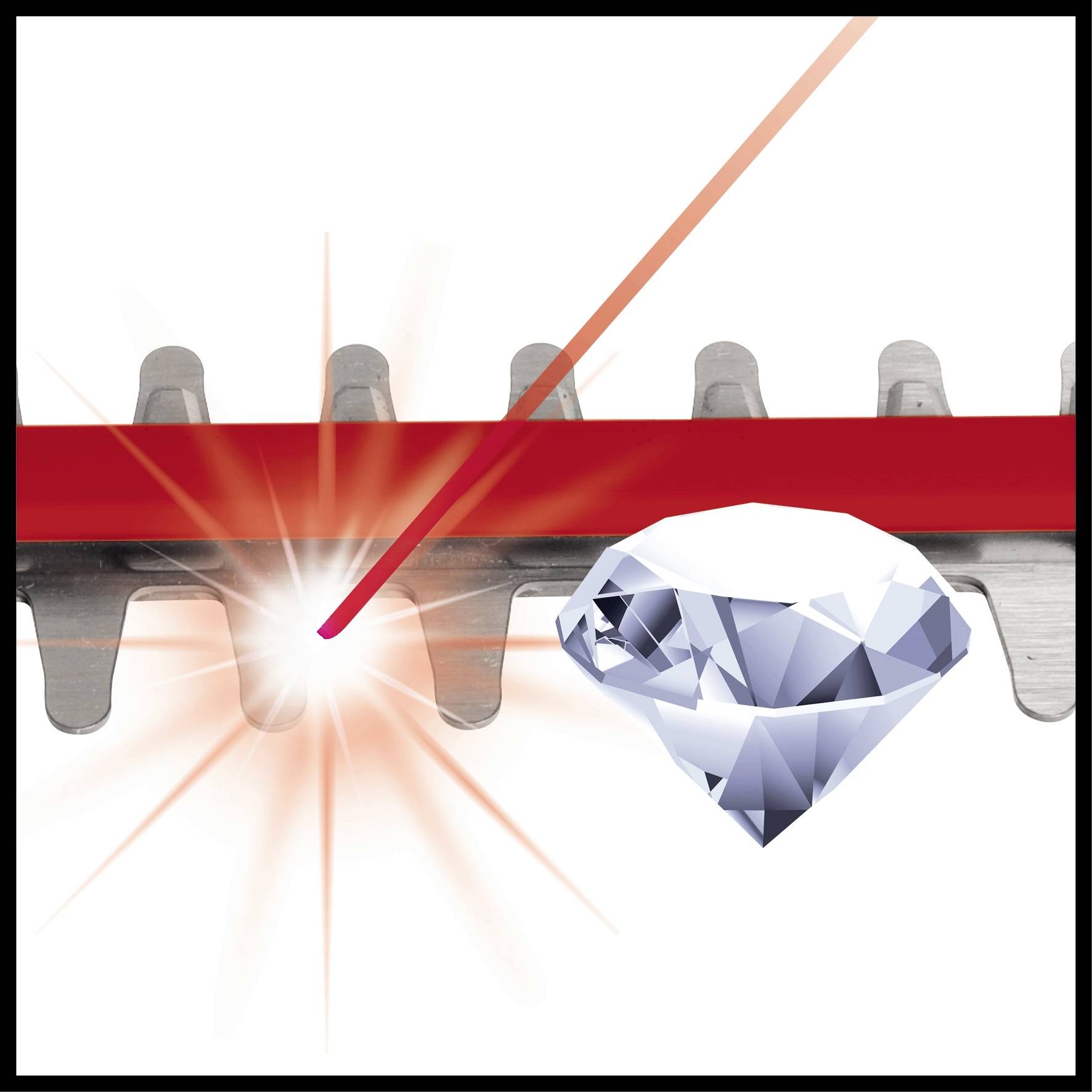 Ein Laserstrahl schneidet präzise durch eine Metallklinge, während ein funkelnder Diamant daneben liegt und den Glanz betont.