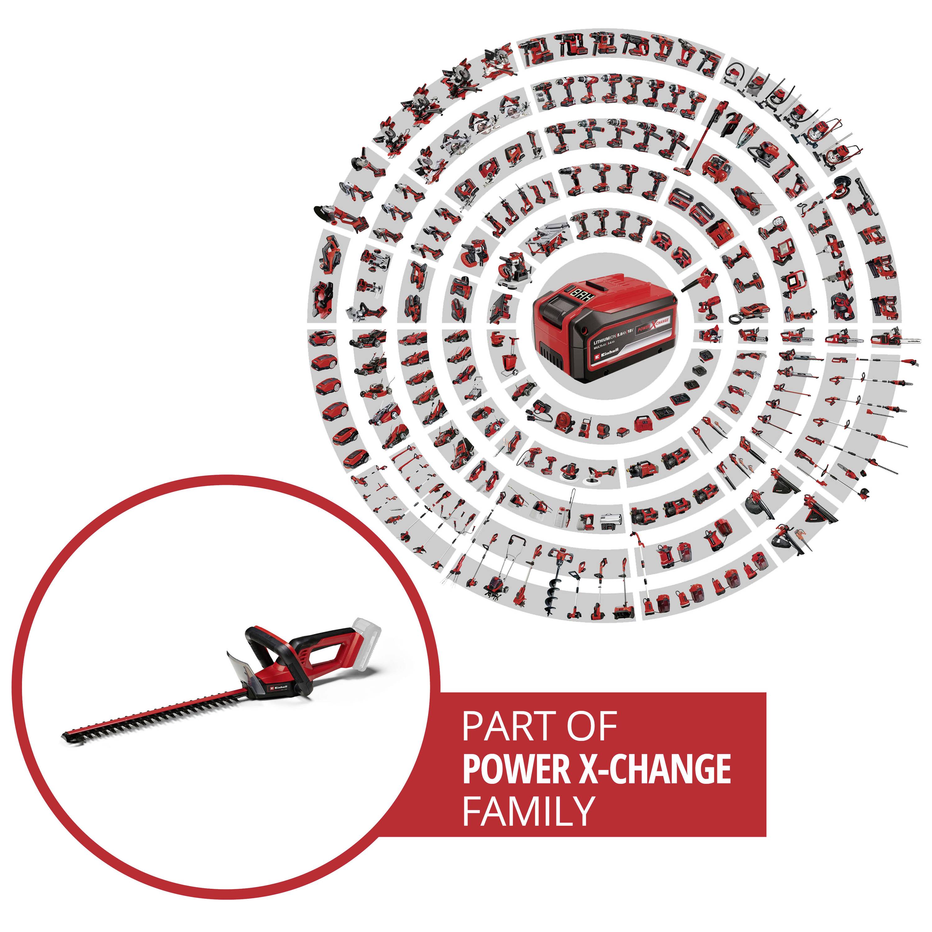 Kreisförmige Anordnung vieler Werkzeuge um eine Akkubox, dargestellt als Teil der 'Power X-Change'-Familie. Separat: Heckenschere.
