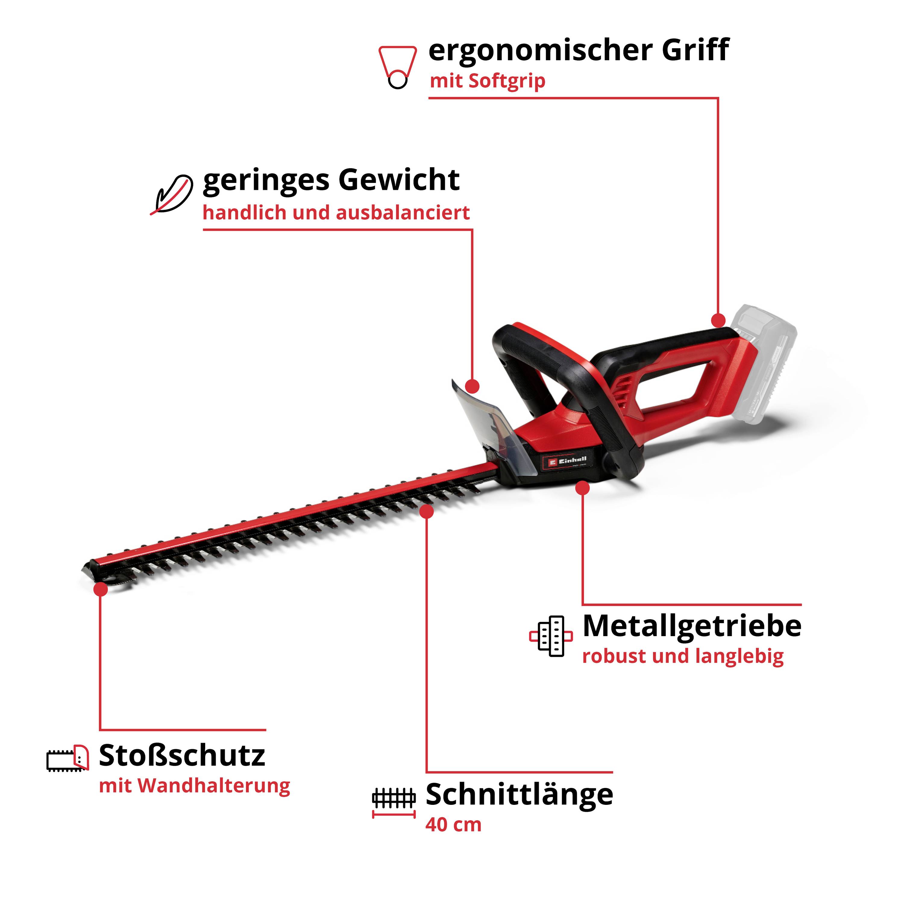 Heckenschere mit ergonomischem Griff, geringem Gewicht, Stoßschutz und Schnittlänge von 40 cm. Metallgetriebe für Langlebigkeit.
