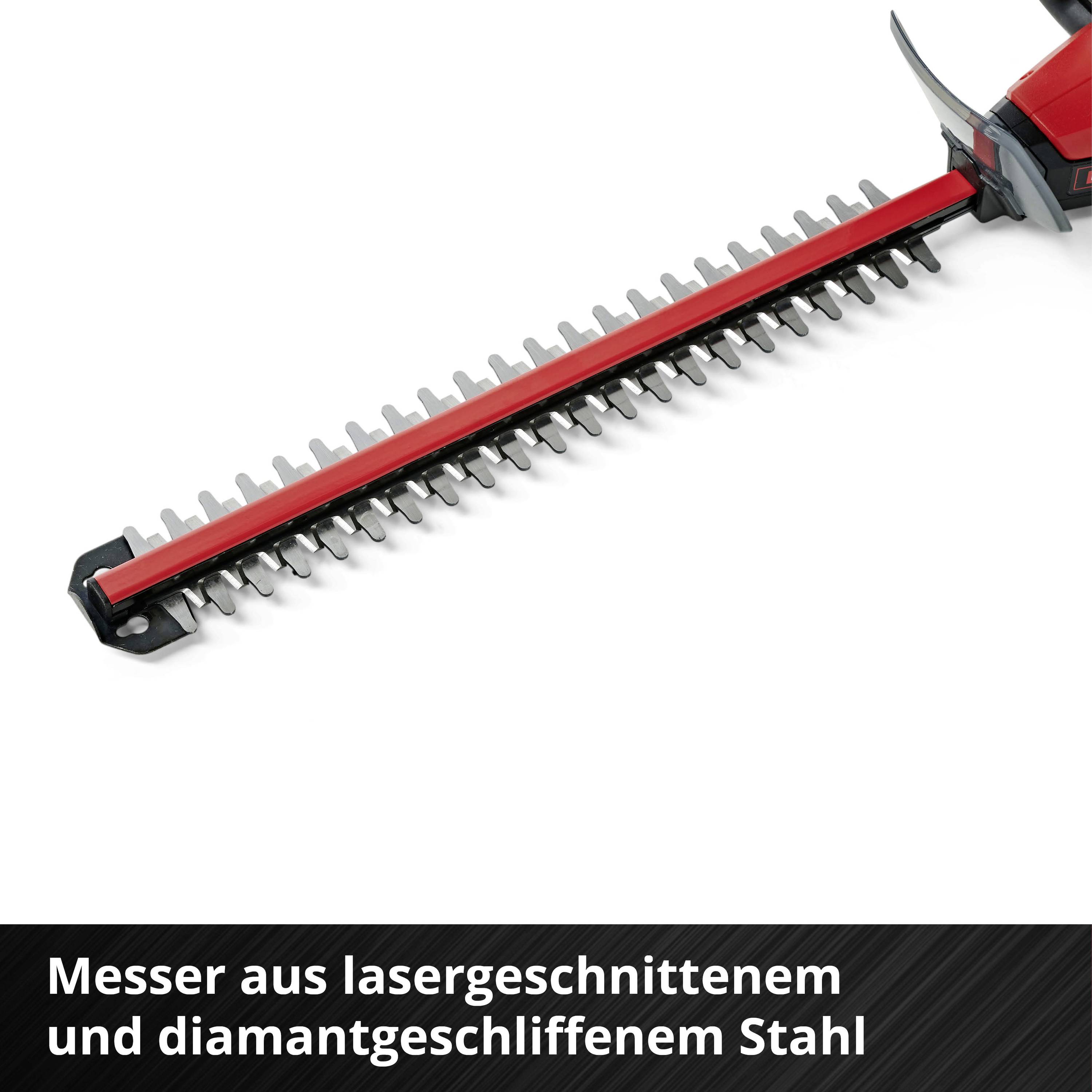 Eine elektrische Heckenschere mit einem langen Doppelschneideblatt. Text unten: 'Messer aus lasergeschnittenem und diamantgeschliffenem Stahl'.