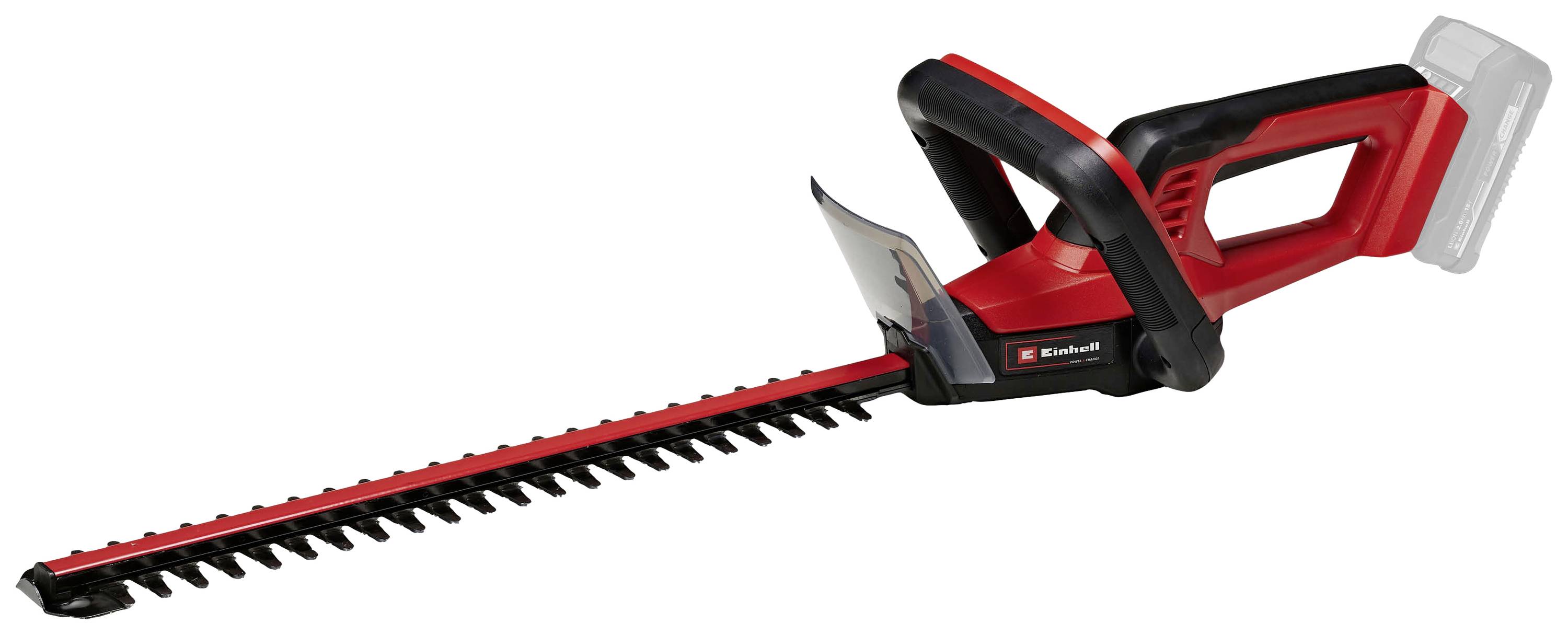 Akkubetriebene Heckenschere in Rot und Schwarz mit ergonomischem Griff und langem Schneidmesser für Gartenarbeit.