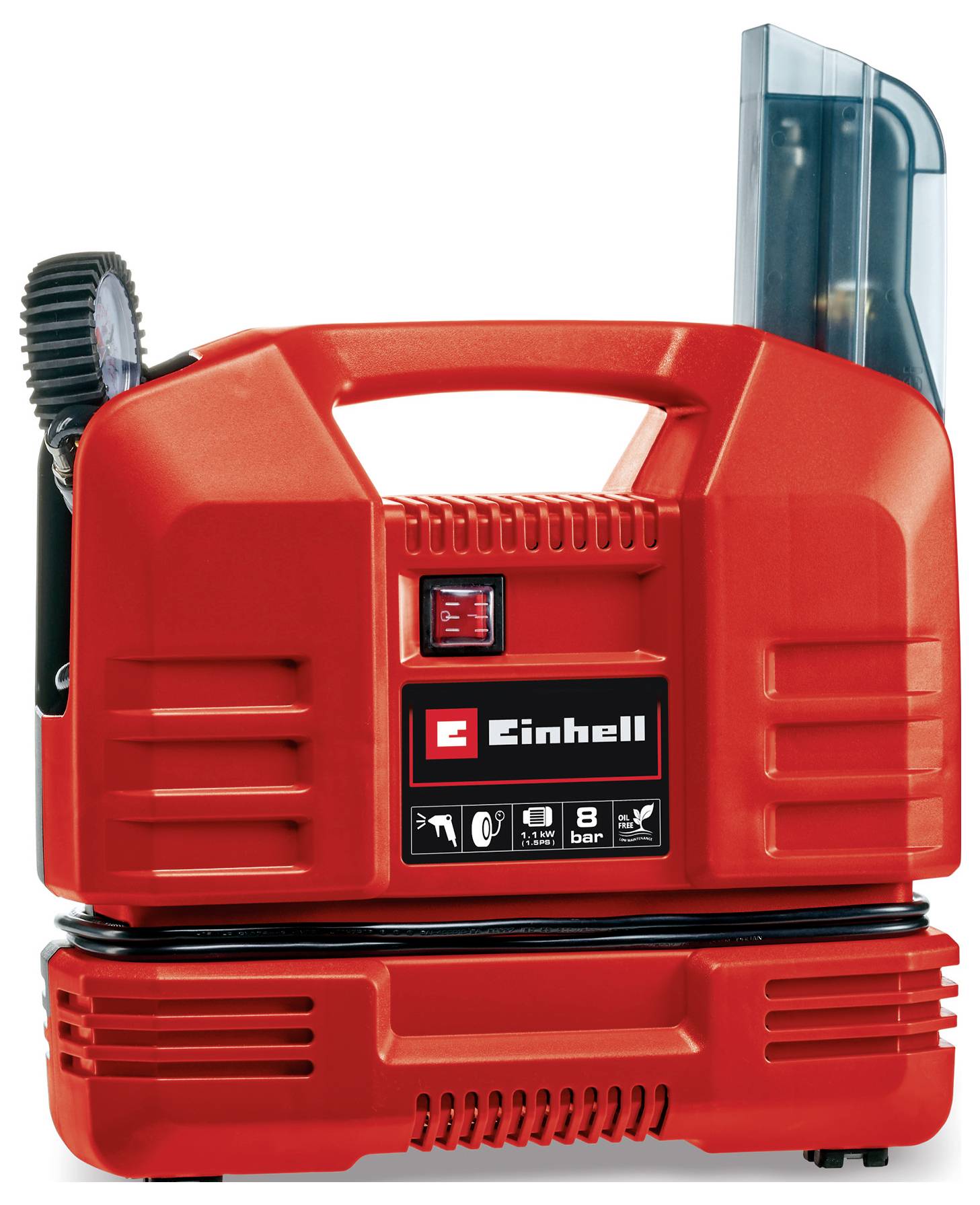 Roter tragbarer Einhell-Kompressor mit Tragegriff, Druckanzeige, Schlauchspeicherung und schwarzem Schlauchanschluss auf weißem Hintergrund.