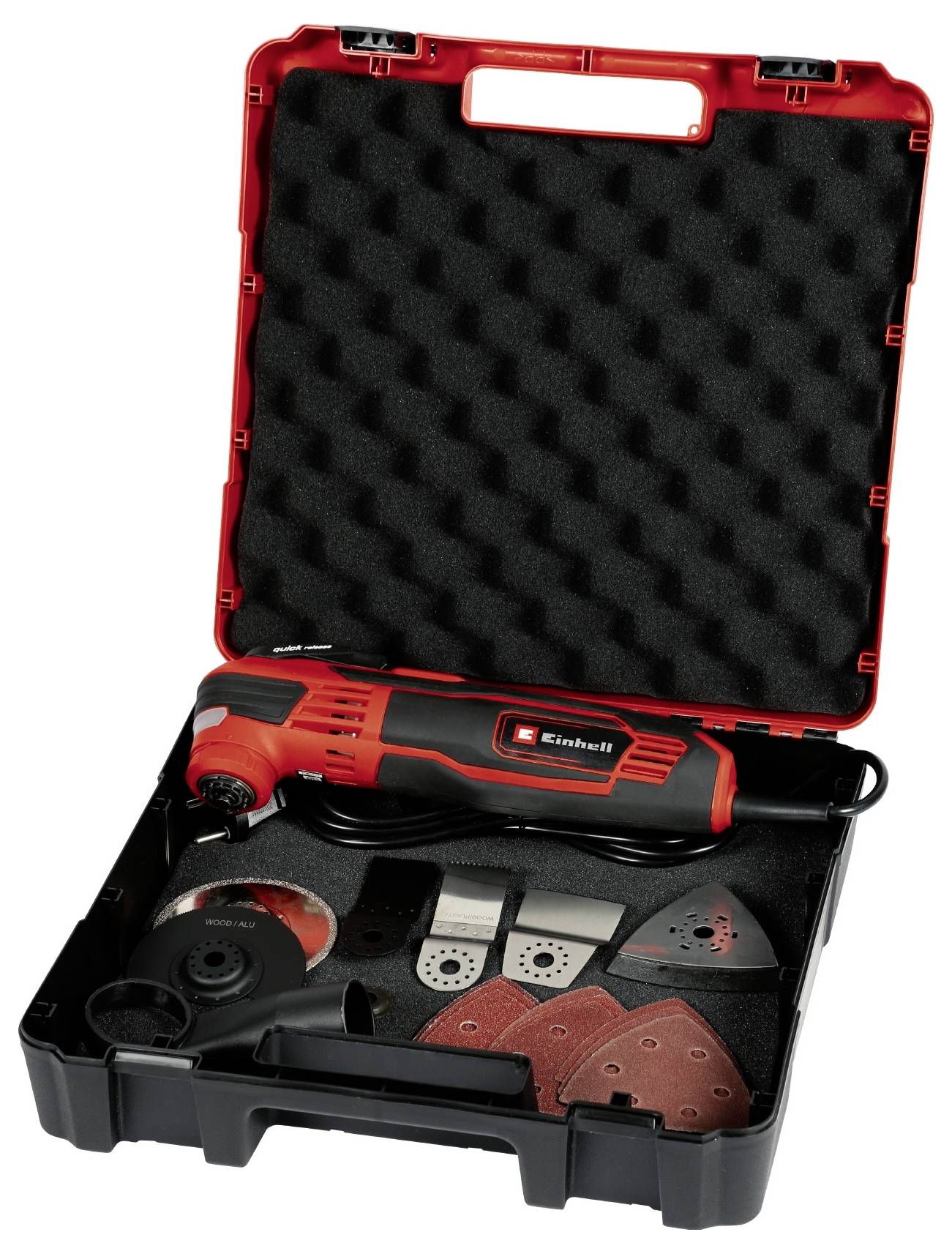 Ein rotes Elektrowerkzeug-Set in einem offenen schwarzen Koffer. Enthält ein Multifunktionswerkzeug, Schleifscheiben und Zubehör.