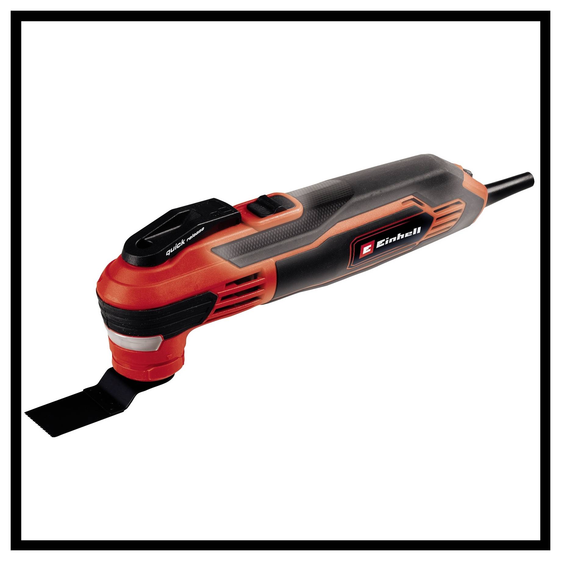 Ein rot-schwarzes Multitool von Einhell mit Aufsatz, geeignet für vielseitige handwerkliche Arbeiten.