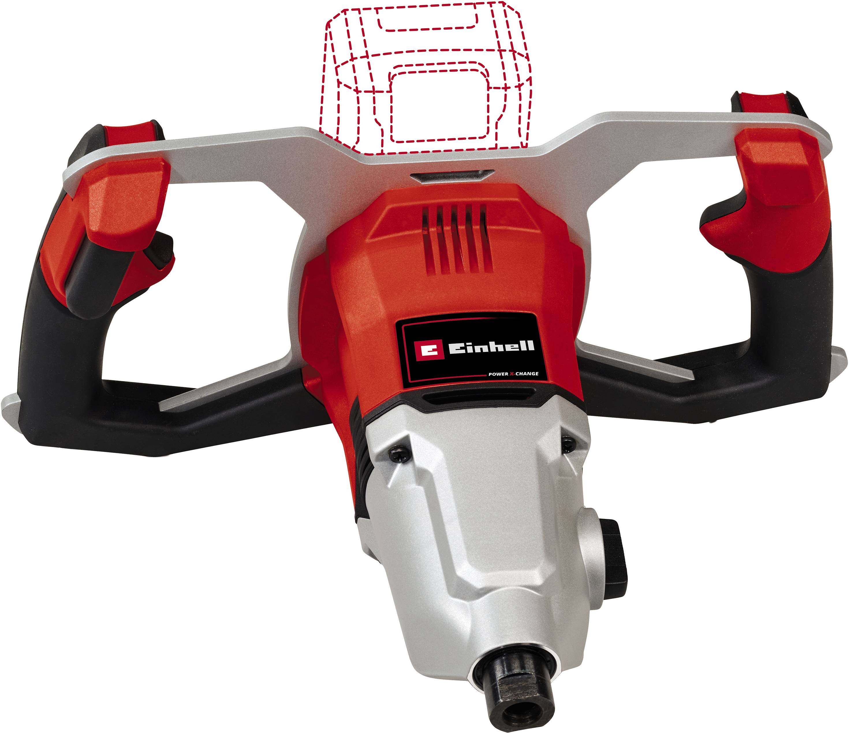Ein rotes, elektrisches Rührgerät von Einhell mit zwei Griffen und robustem Gehäuse. Ideal zum Mischen von Malerfarben und Baustoffen.