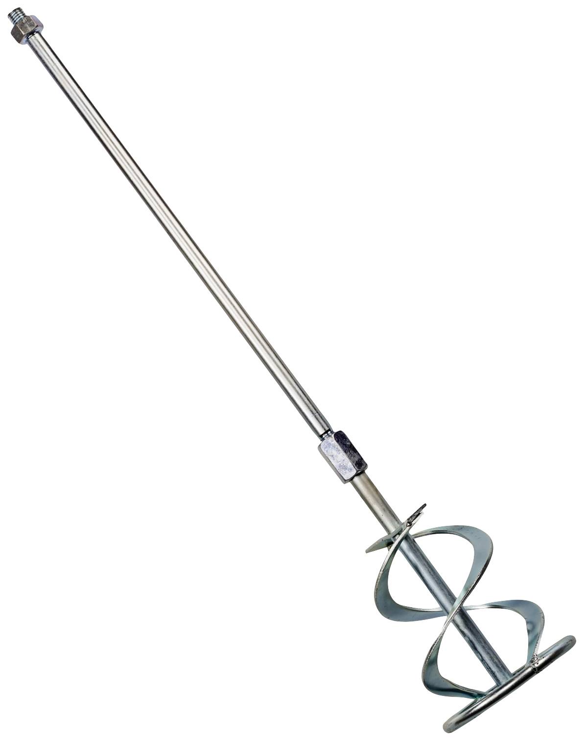 Ein Metallmischrührer mit spiralförmiger Klinge an einem langen Stab, verwendet zum Mischen von Flüssigkeiten oder Farben.