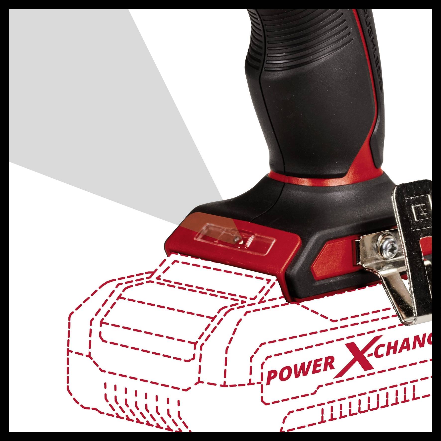 Akkuschrauber in Nahaufnahme mit angedeutetem Akku, 'Power X-Change' aufgedruckt. Zeigt den Griff und Batteriefach.