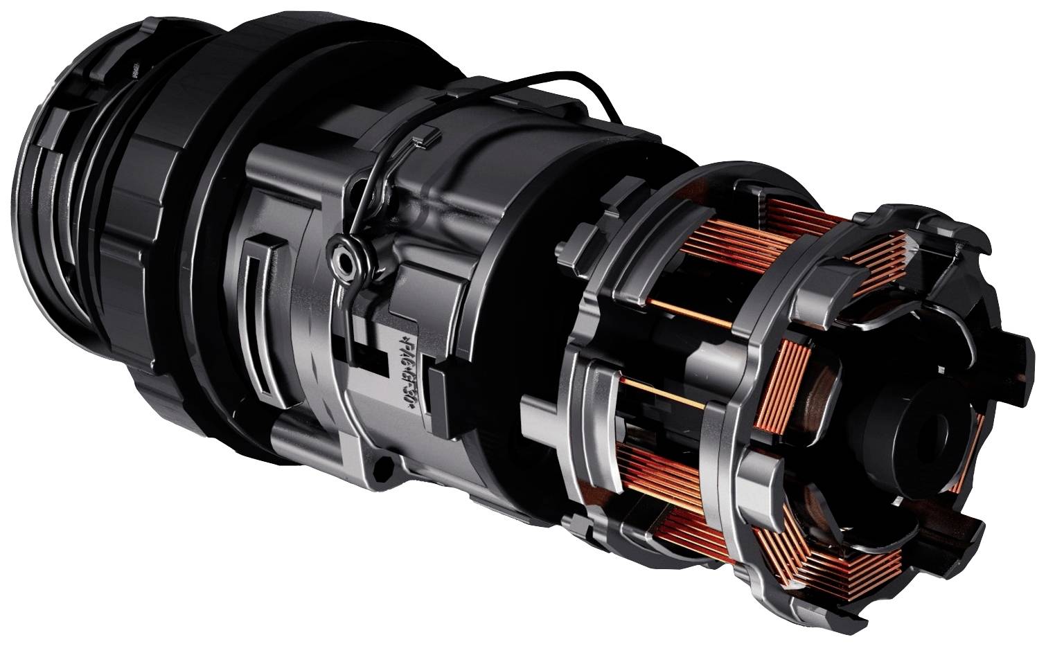 Ein schwarzes, komplexes Maschinenbauteil mit sichtbaren Kupferspulen und Kabeln, möglicherweise ein Elektromotor oder Generator.