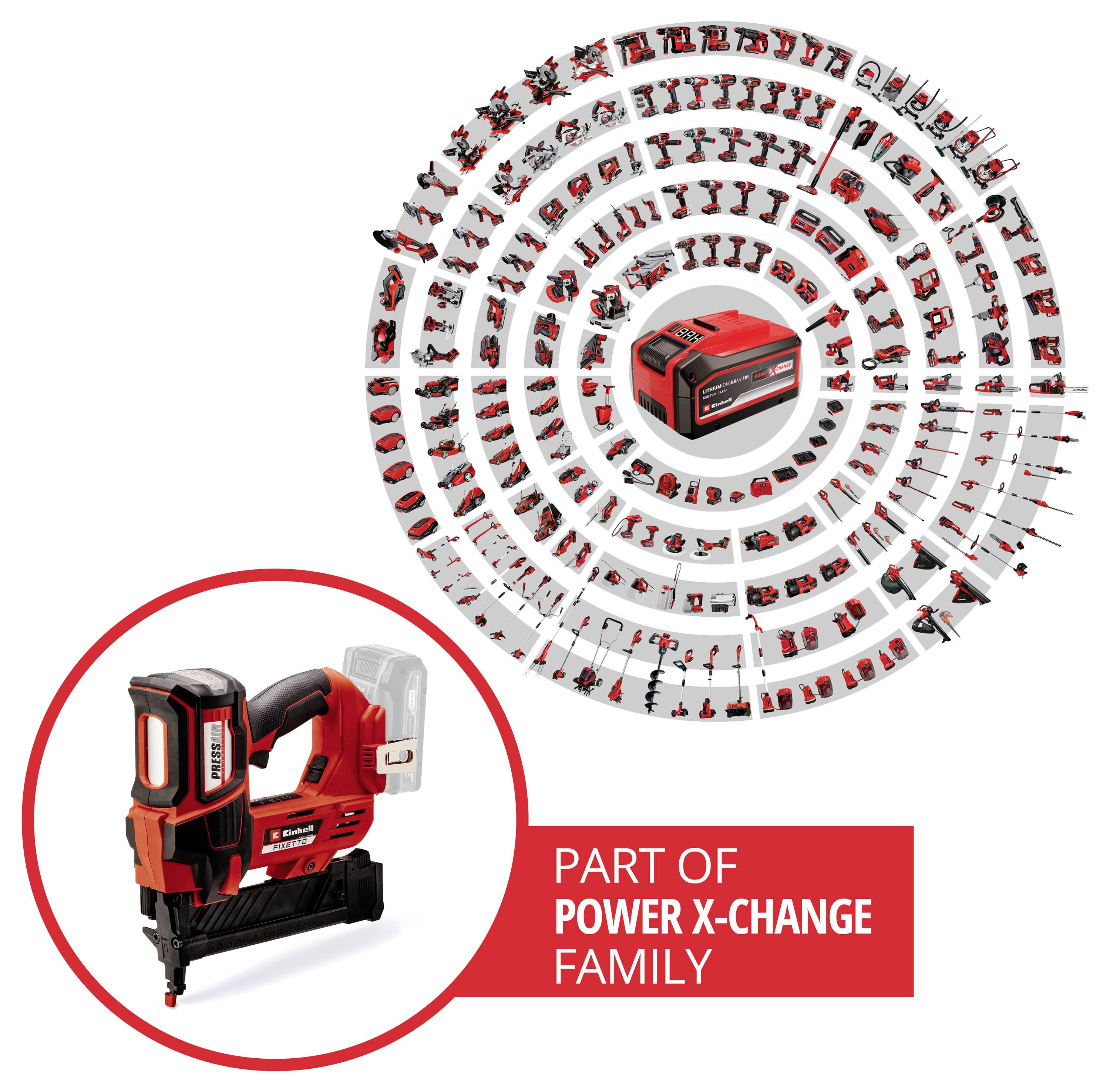 Werbegrafik einer roten Akku-Nagelpistole; daneben Kreisgrafik mit verschiedenen Einhell Power X-Change Geräten und der Aufschrift 'PART OF POWER X-CHANGE FAMILY'.