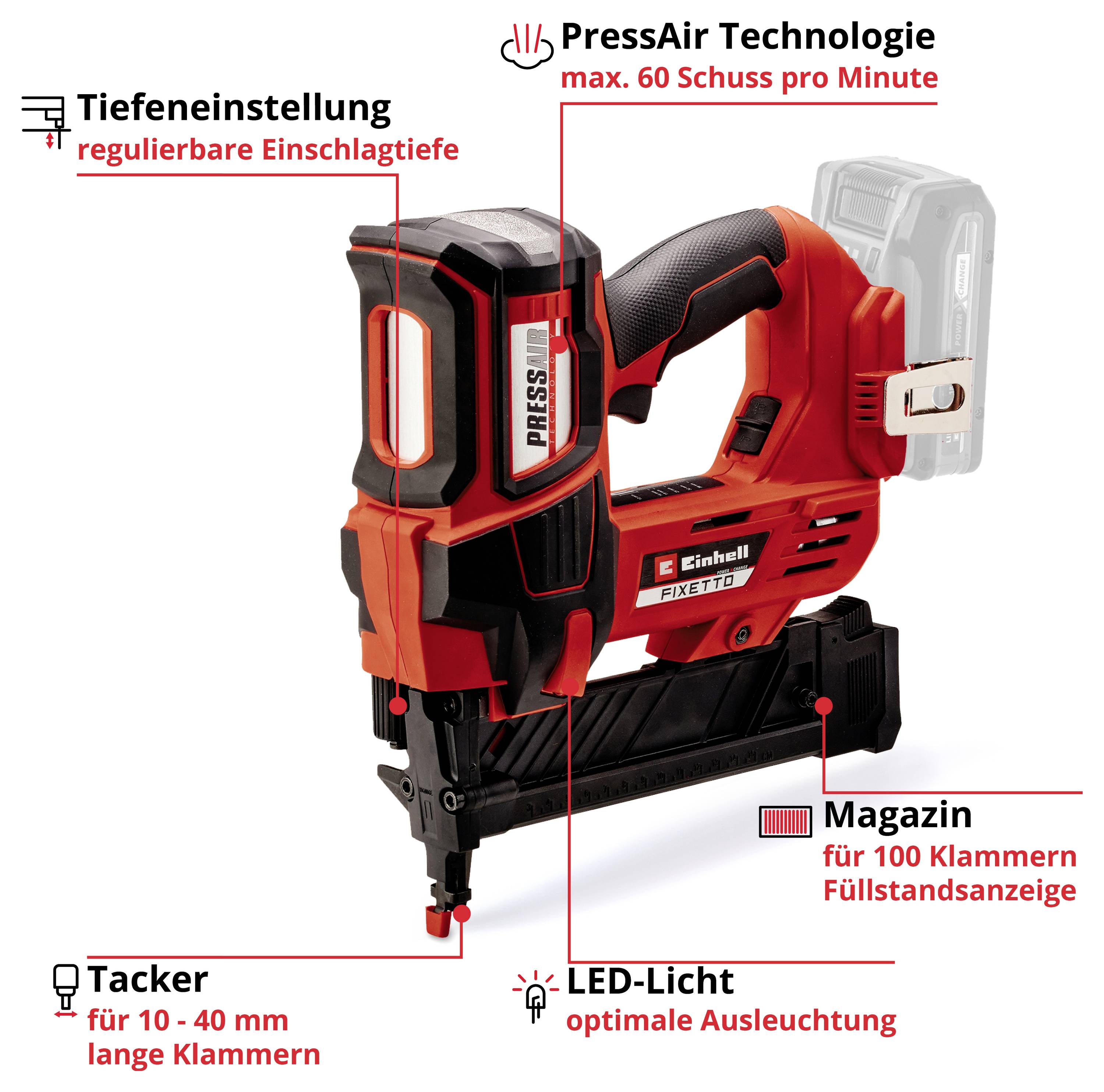 Roter Akku-Tacker mit Beschriftungen zu Tiefeneinstellung, PressAir Technologie, LED-Licht, Magazin für 100 Klammern und 10–40 mm Klammern.