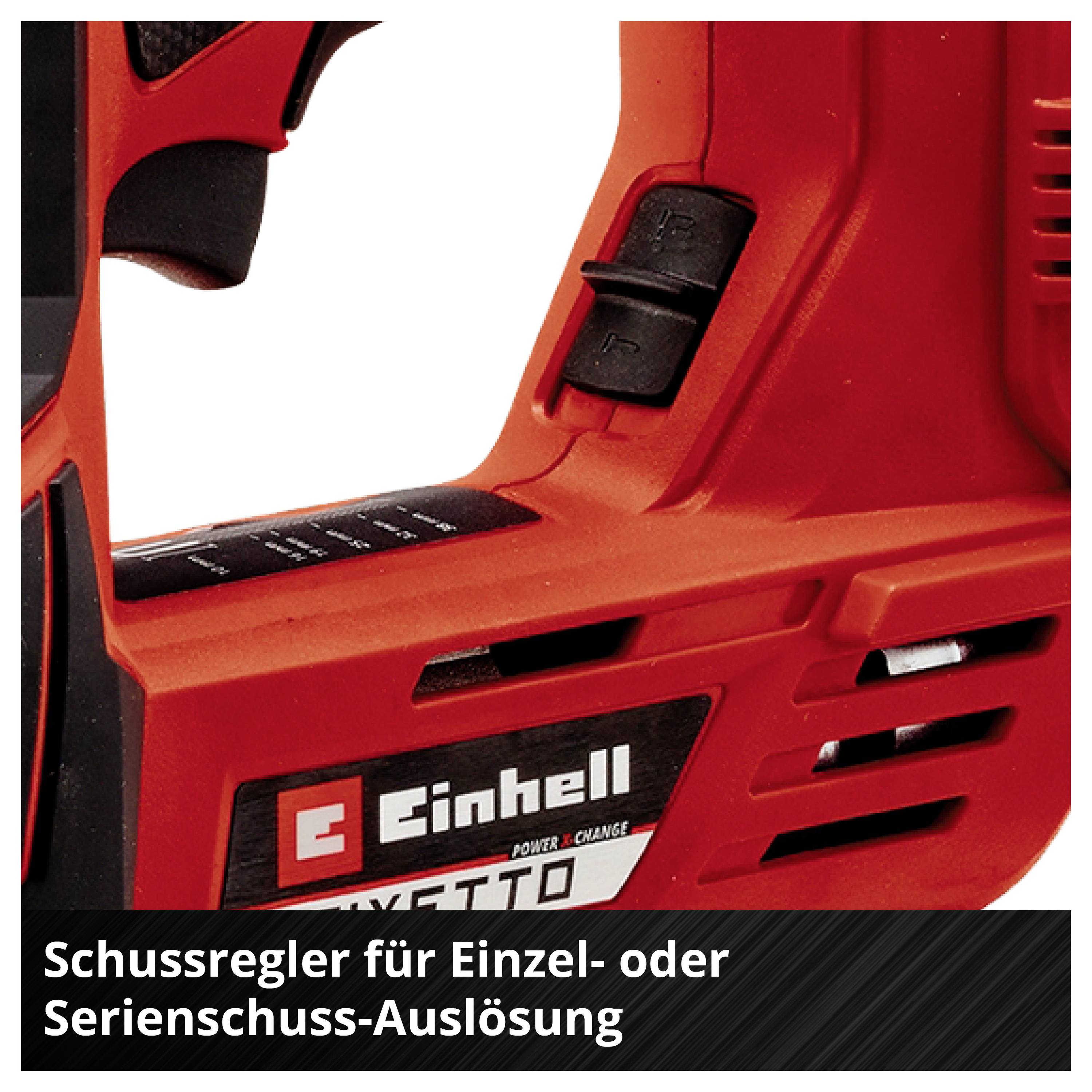 Rote Einhell-Akkumaschine mit Schussregler; Text: 'Schussregler für Einzel- oder Serienschuss-Auslösung'.
