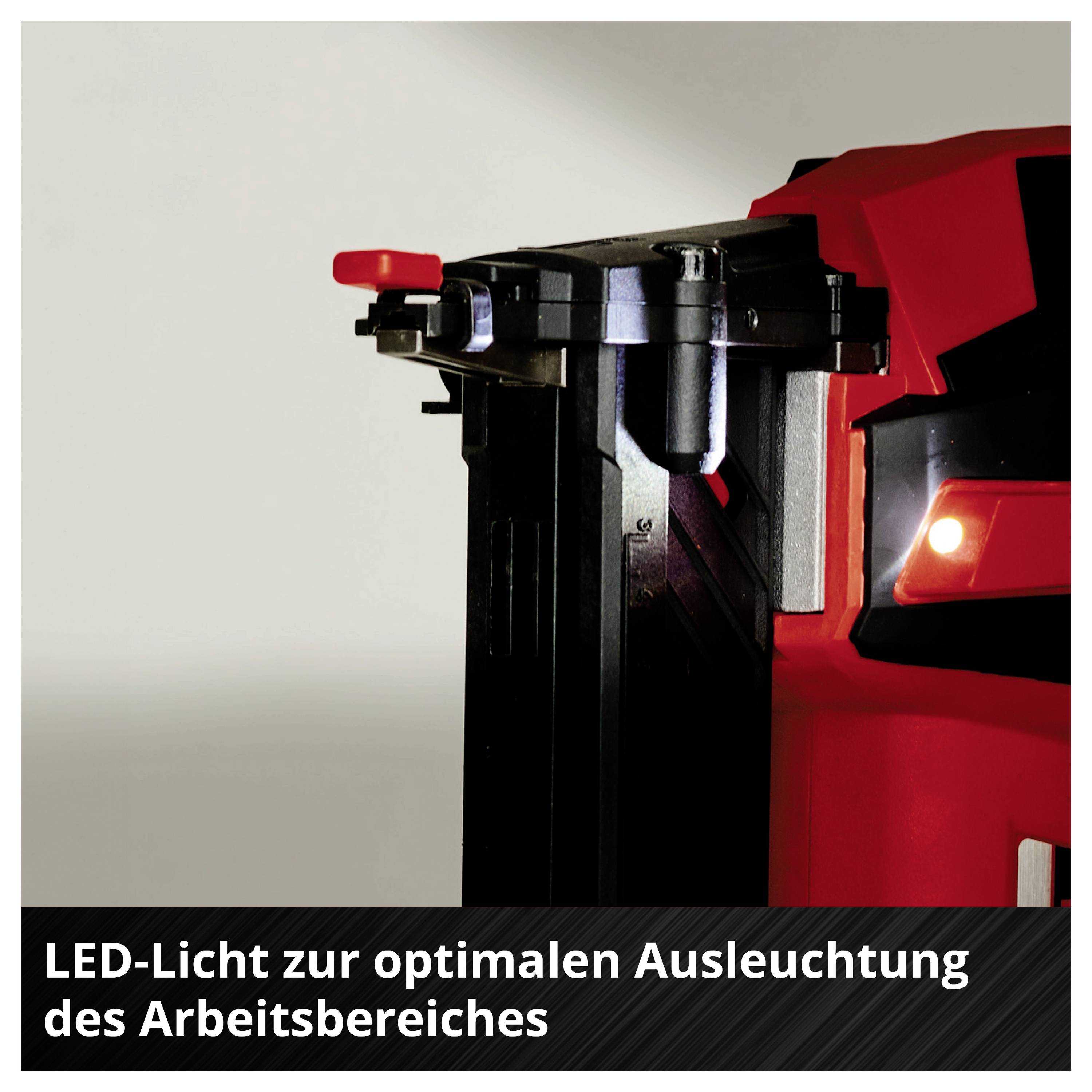 Rotes Arbeitsgerät mit LED-Licht zur optimalen Ausleuchtung des Arbeitsbereiches.