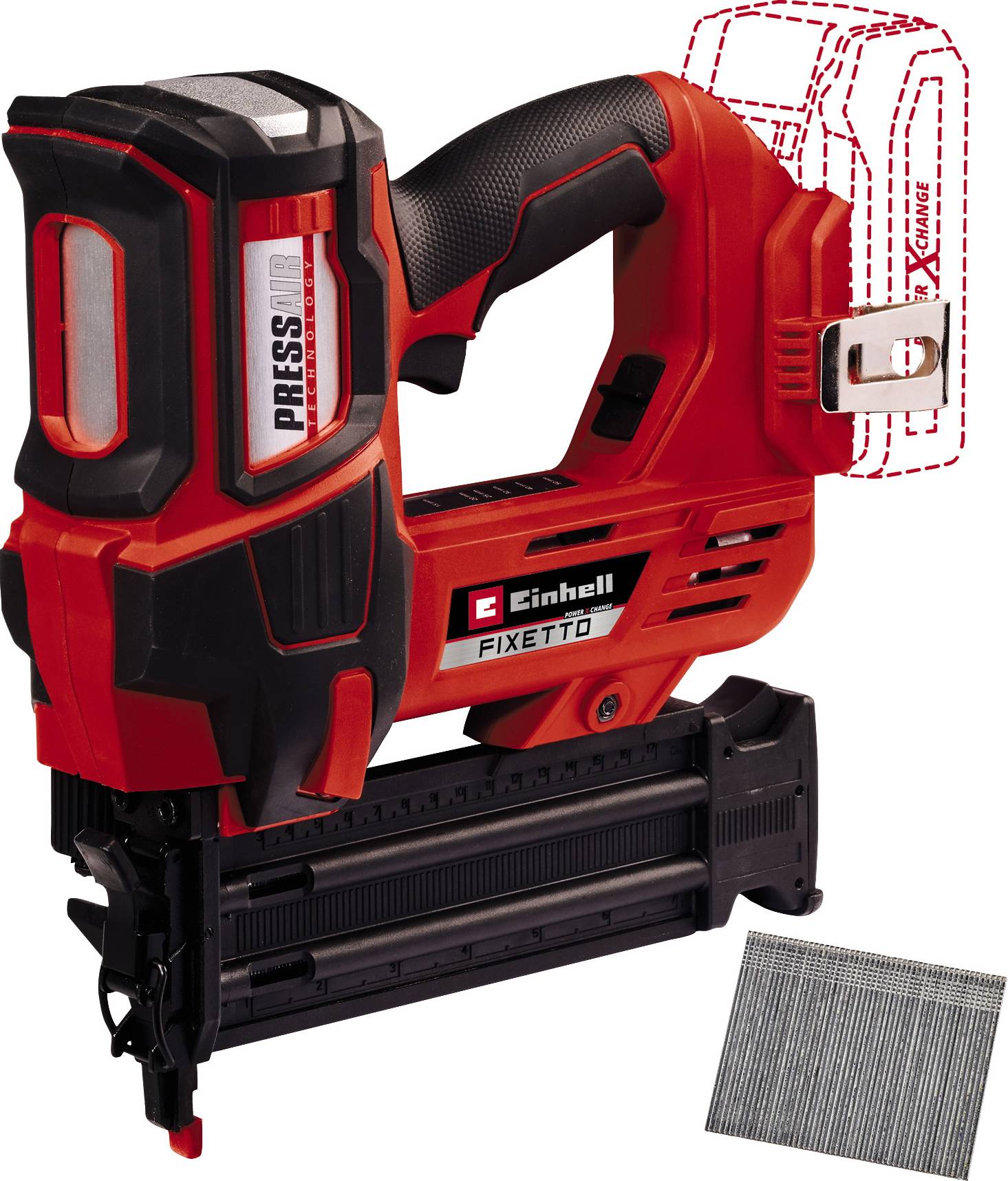 Ein roter, kabelloser Tacker von Einhell. Beiliegend ist ein Satz Nägel. Der Tacker hat einen ergonomischen Griff und ist auf Effizienz ausgelegt.