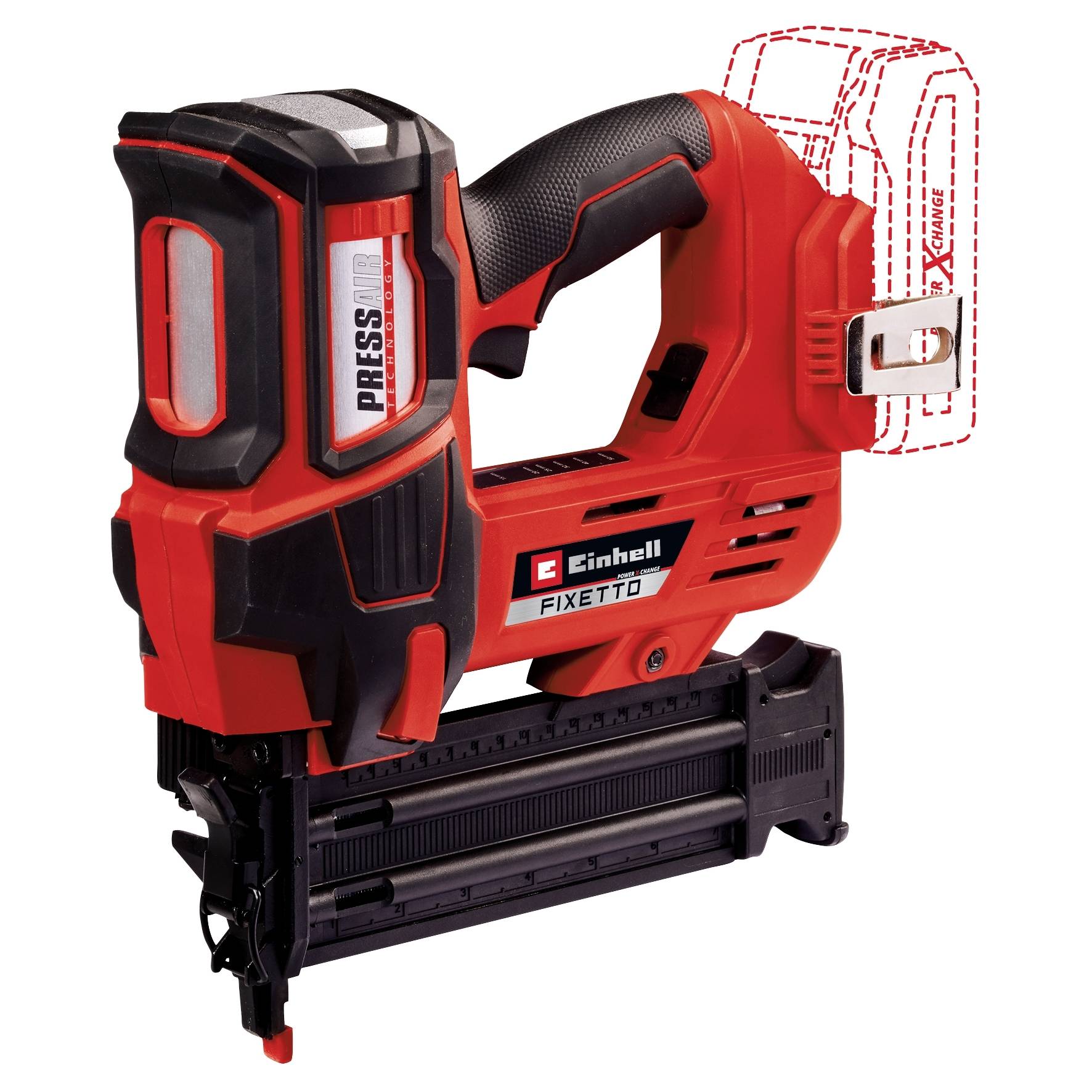 Ein roter Akku-Nagler der Marke Einhell, Modell 'FIXETTO', mit ergonomischem Griff und ohne eingelegtem Akku.