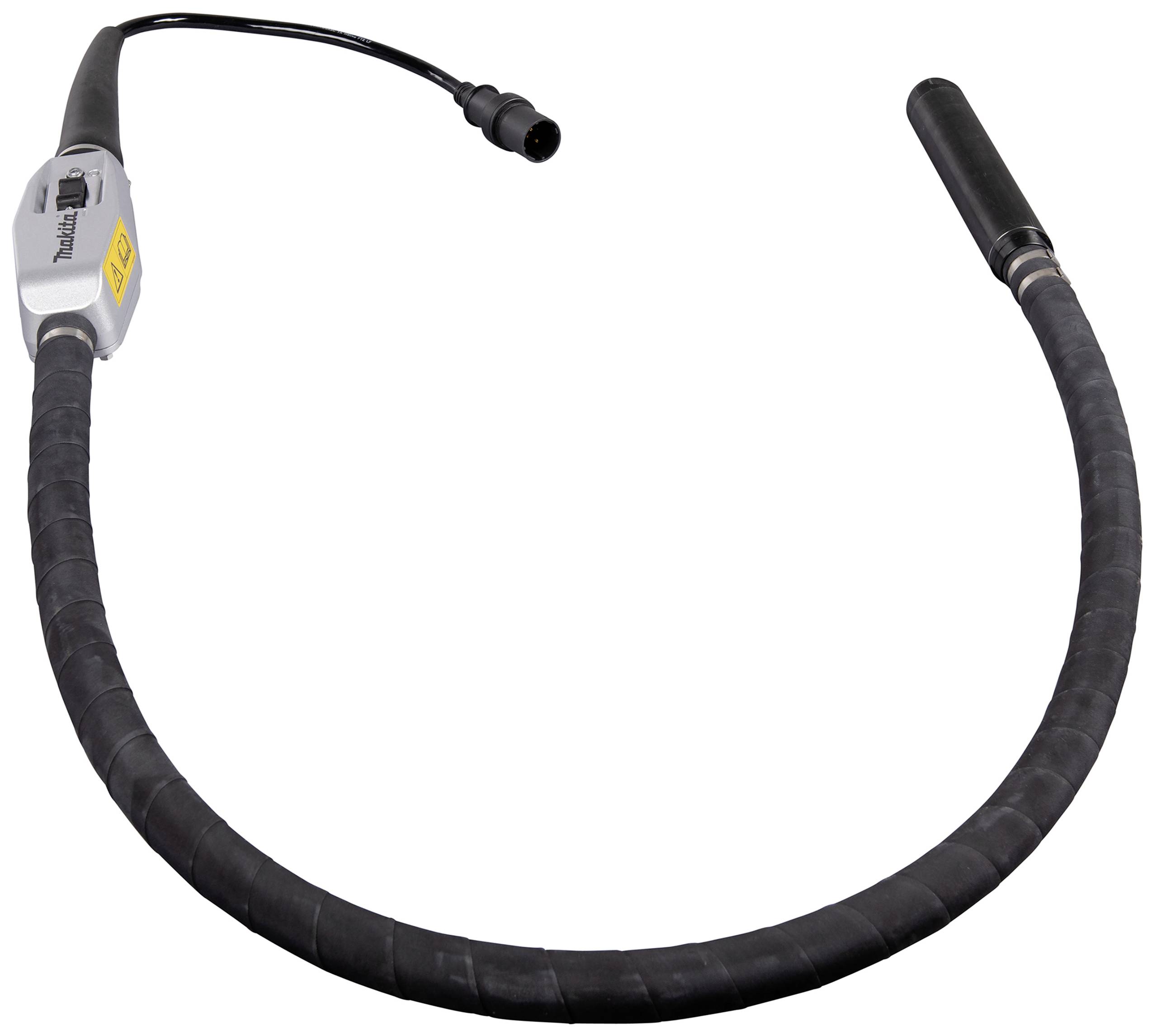 Vibrationsbohlengerät mit schwarzem, flexiblem Schlauch und Anschlusskabel. Wird zum Verdichten von Beton in Bauanwendungen verwendet.