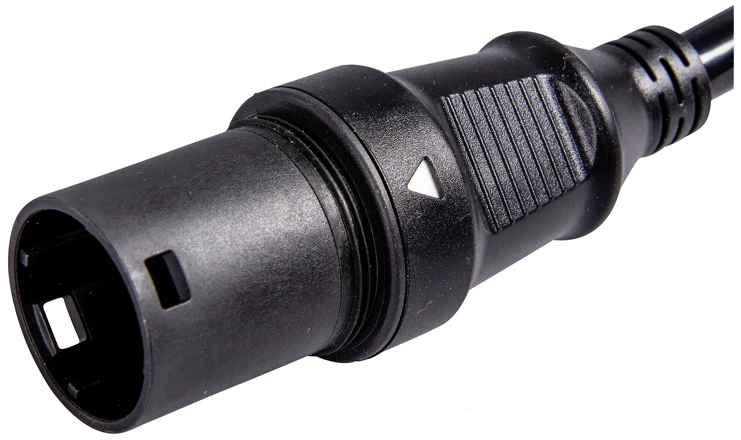 Schwarzer elektrischer Stecker mit gerippter Oberfläche und Pfeilmarkierung. Geeignet für Stromanschlüsse.