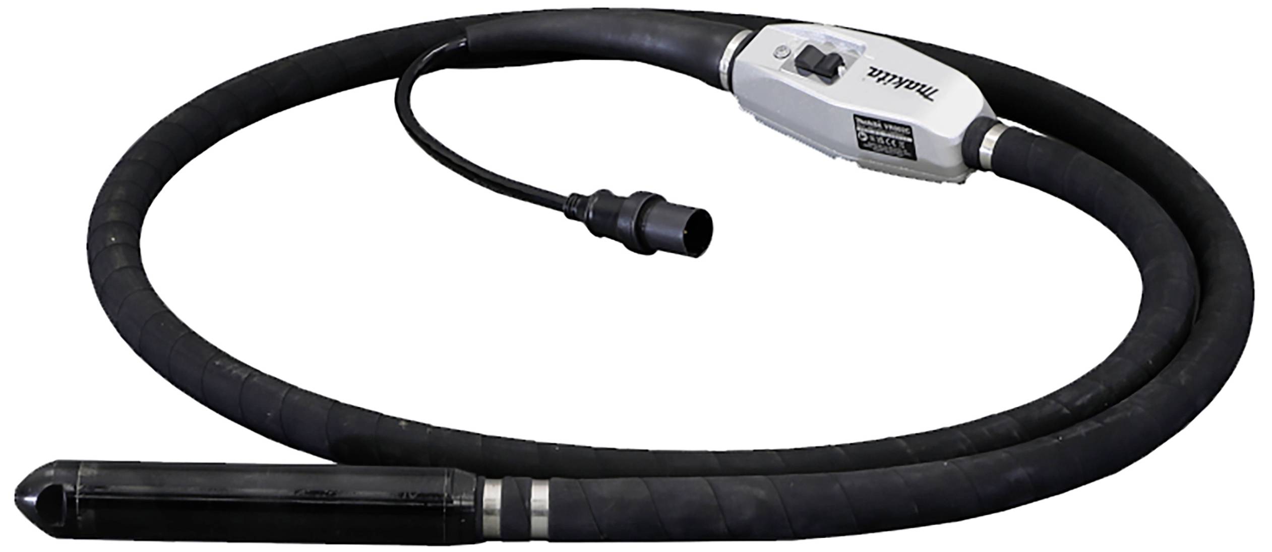 Ein langer, flexibler Makita-Industrieschlauch mit Stecker und Bedienfeld, wahrscheinlich für Bauanwendungen oder Vibrationstechnik.