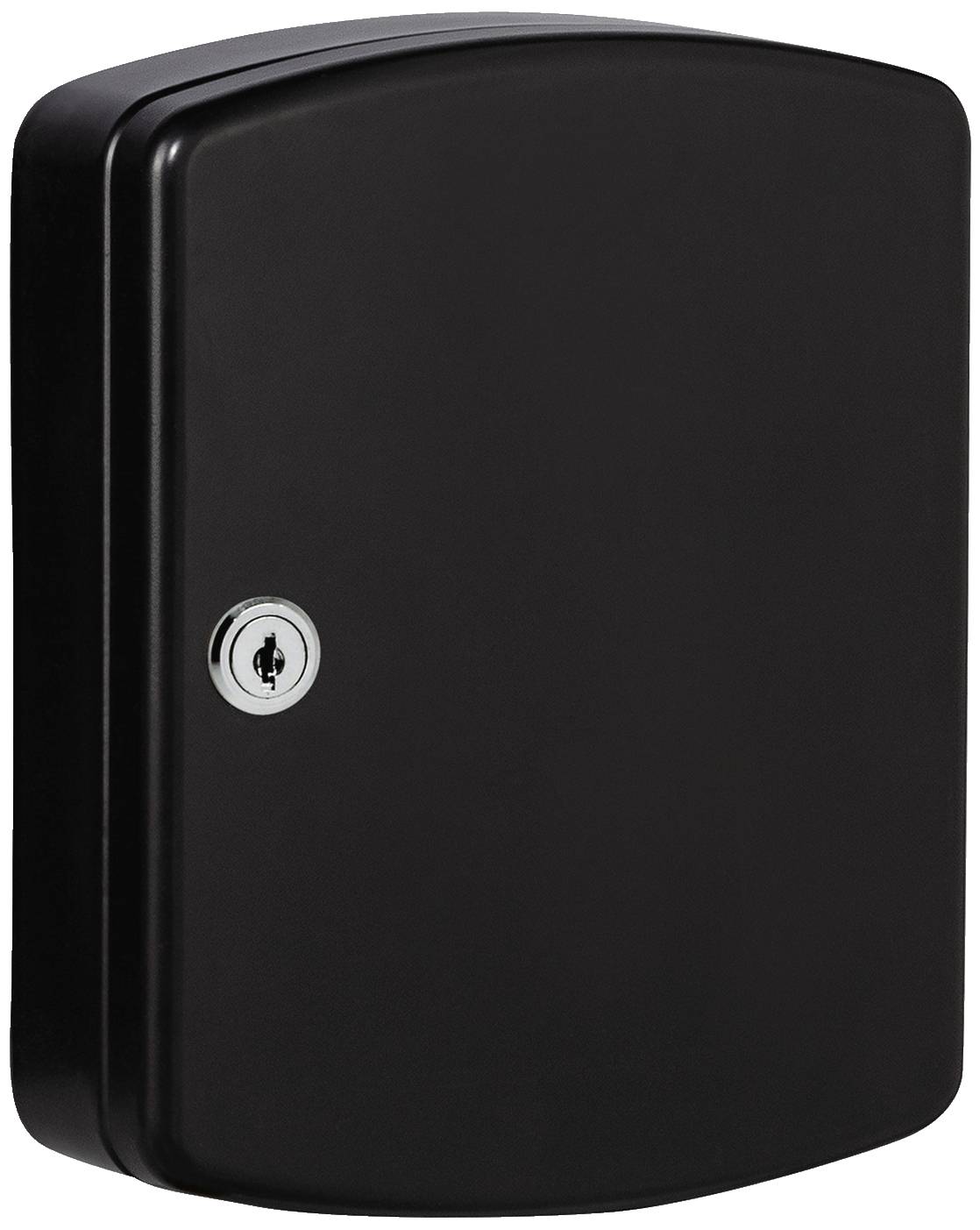 Schwarzer, rechteckiger Metallkasten mit Schloss auf der linken Seite.