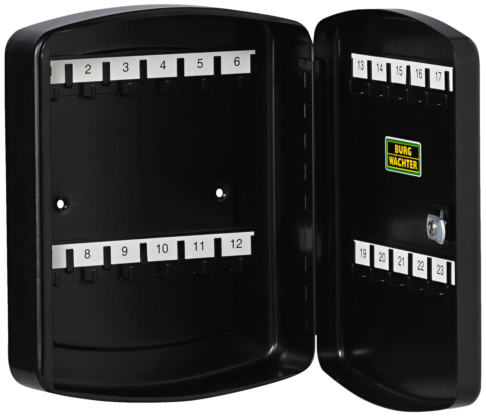 Geöffneter schwarzer Schlüsselkasten mit nummerierten Hakenreihen für Schlüsselaufbewahrung. Marke 'Burg Wächter' sichtbar innen.