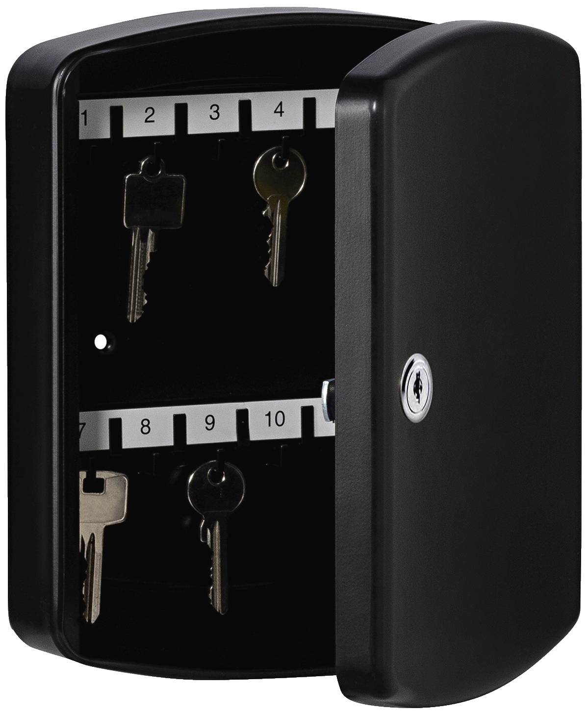 Ein schwarzer Schlüsselkasten mit offener Tür, zeigt sechs Haken für Schlüsselaufbewahrung. Schlüssel hängen an den Haken 1, 4, 6 und 9.