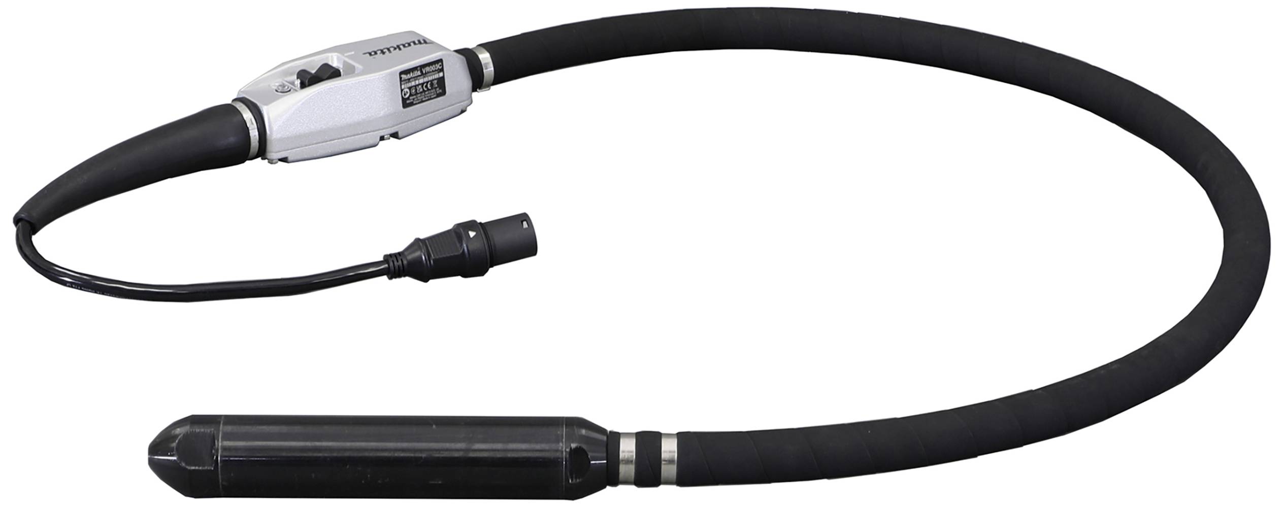 Ein tragbarer Betonvibrator mit schwarzem Schlauch und Metallvibratorkopf; verwendet zum Verdichten von Betonmischungen.