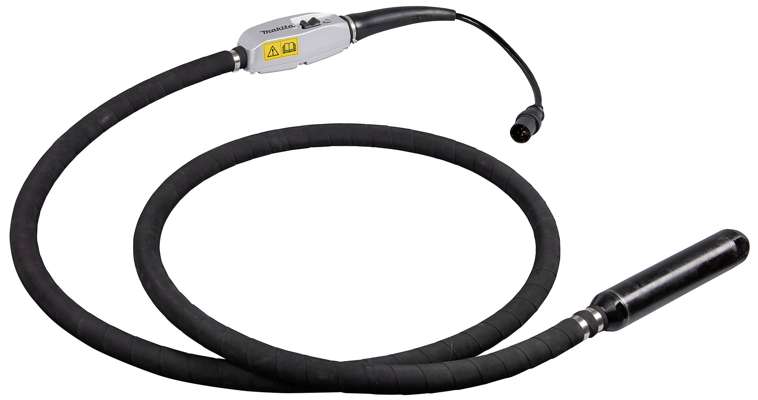 Ein langes, schwarzes Vibrationswerkzeug mit einem flexiblen Schlauch und einem Stecker am Ende, verwendet in der Bauindustrie.