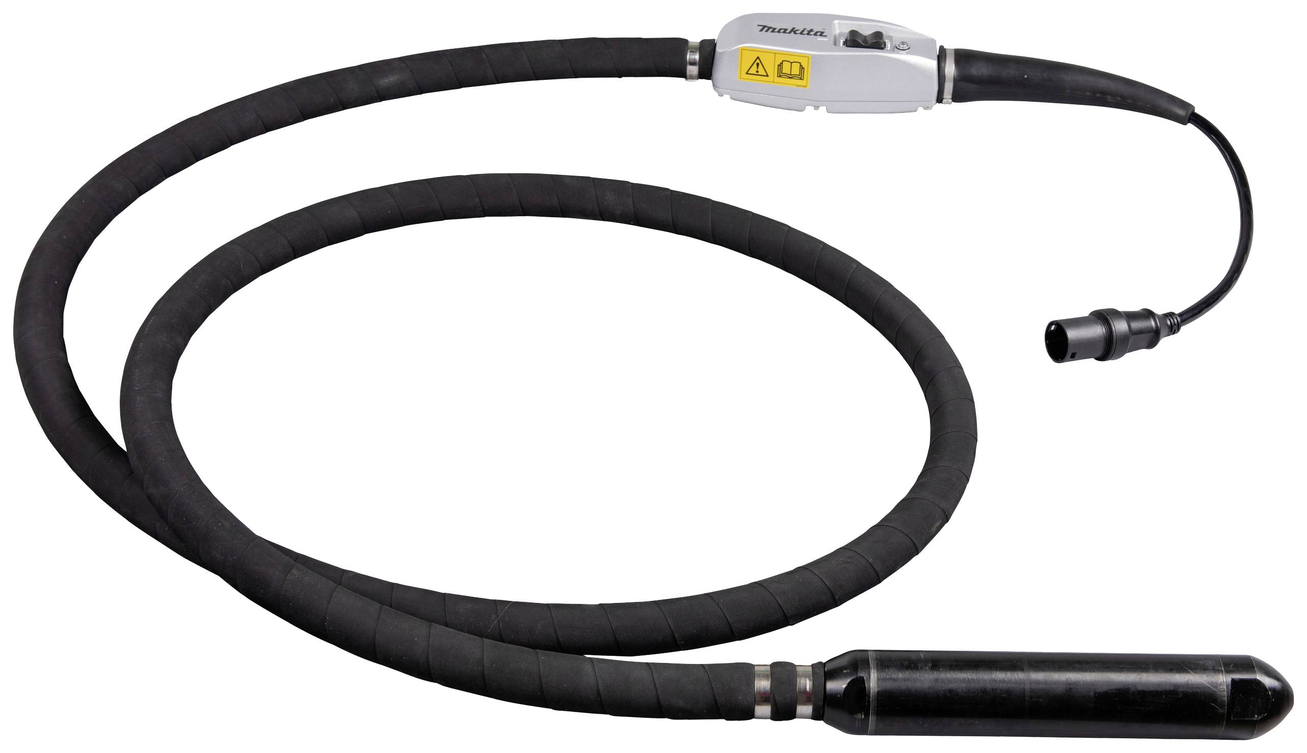 Ein schwarz ummantelter Rüttelkopf mit langem, flexiblem Schlauch und Anschluss. Gebraucht für Vibrationsarbeiten im Bauwesen.