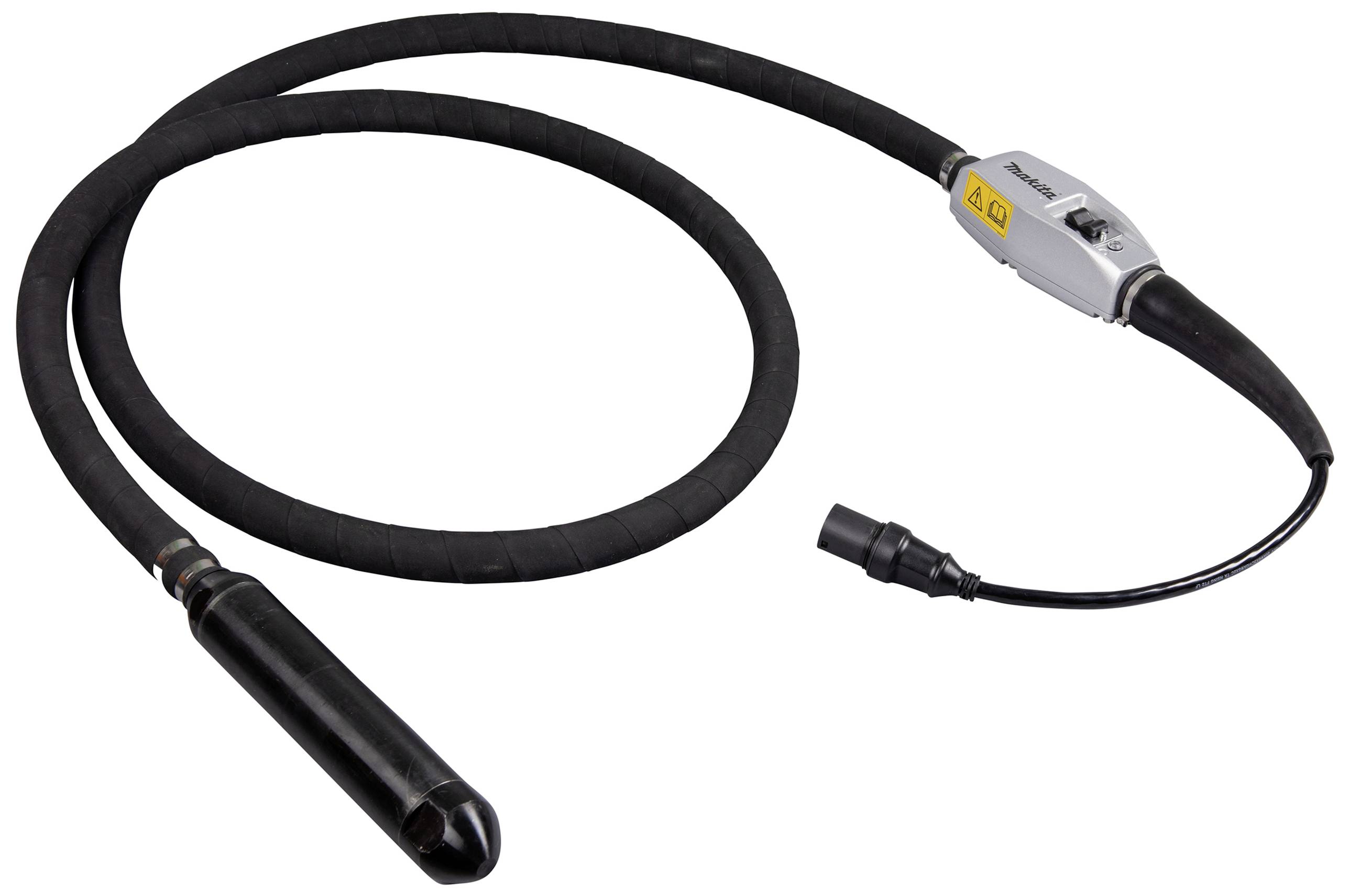 Ein schwarzer Betoniervibrator mit einem langen, flexiblen Schlauch. Das Gerät verfügt über eine gelbe Warnmarkierung und einen elektrischen Anschluss.