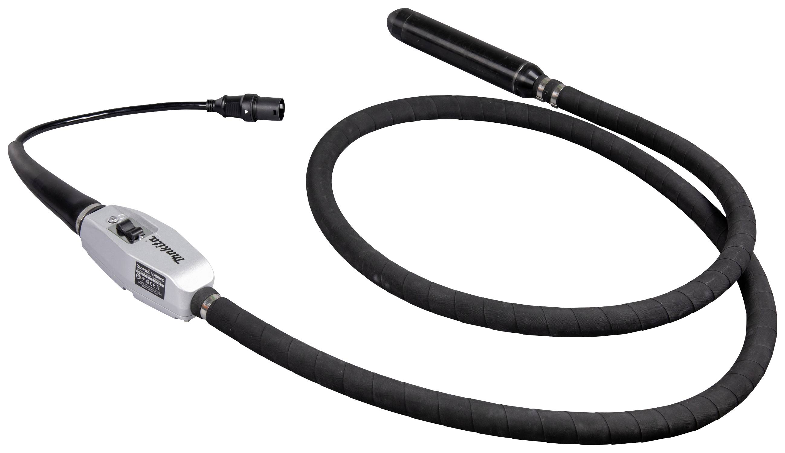 Elektrischer Betonverdichter mit schwarzem, länglichem Vibrationskopf und langem Kabel, zur Verdichtung von Frischbeton.